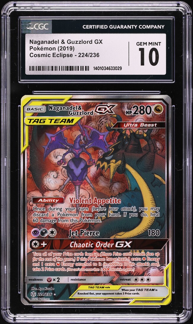 2019 Pokemon SM Cosmic Eclipse Alt Art Naganadel & Guzzlord GX #224 CGC 10 GEM