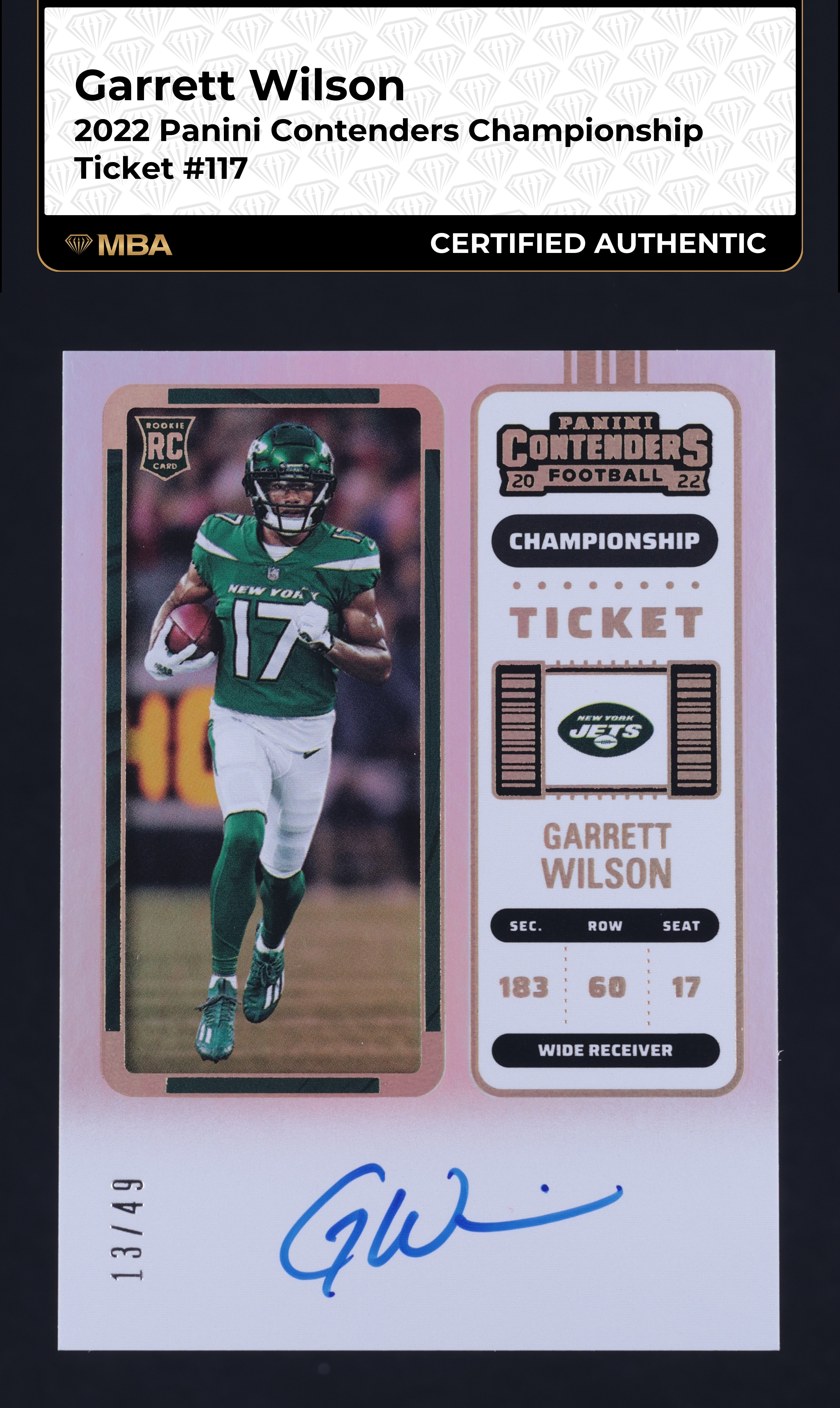 2022 Panini Contenders Championship Ticket Garrett Wilson RC AUTO /49 MBA AUTH