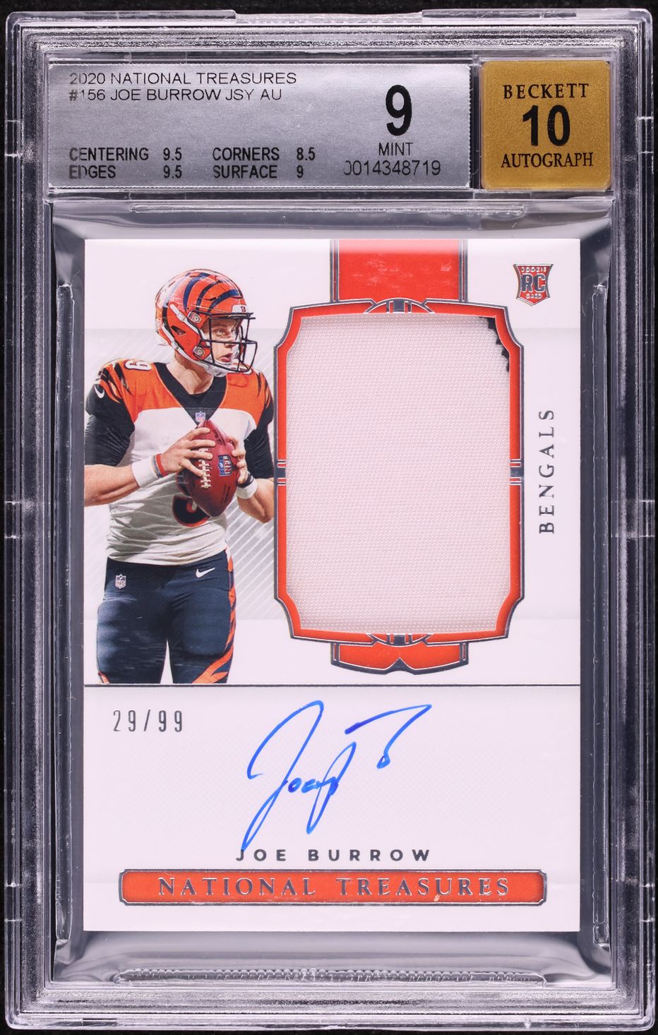 2020 National Treasures Joe Burrow ROOKIE PATCH AUTO /99 #156 BGS 9 MINT