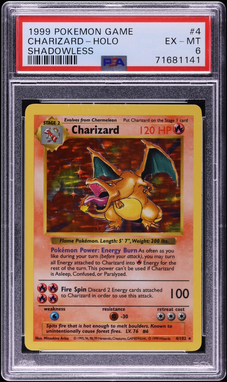 1999 Pokemon Base Set Shadowless Holo Charizard #4 PSA 6 EXMT
