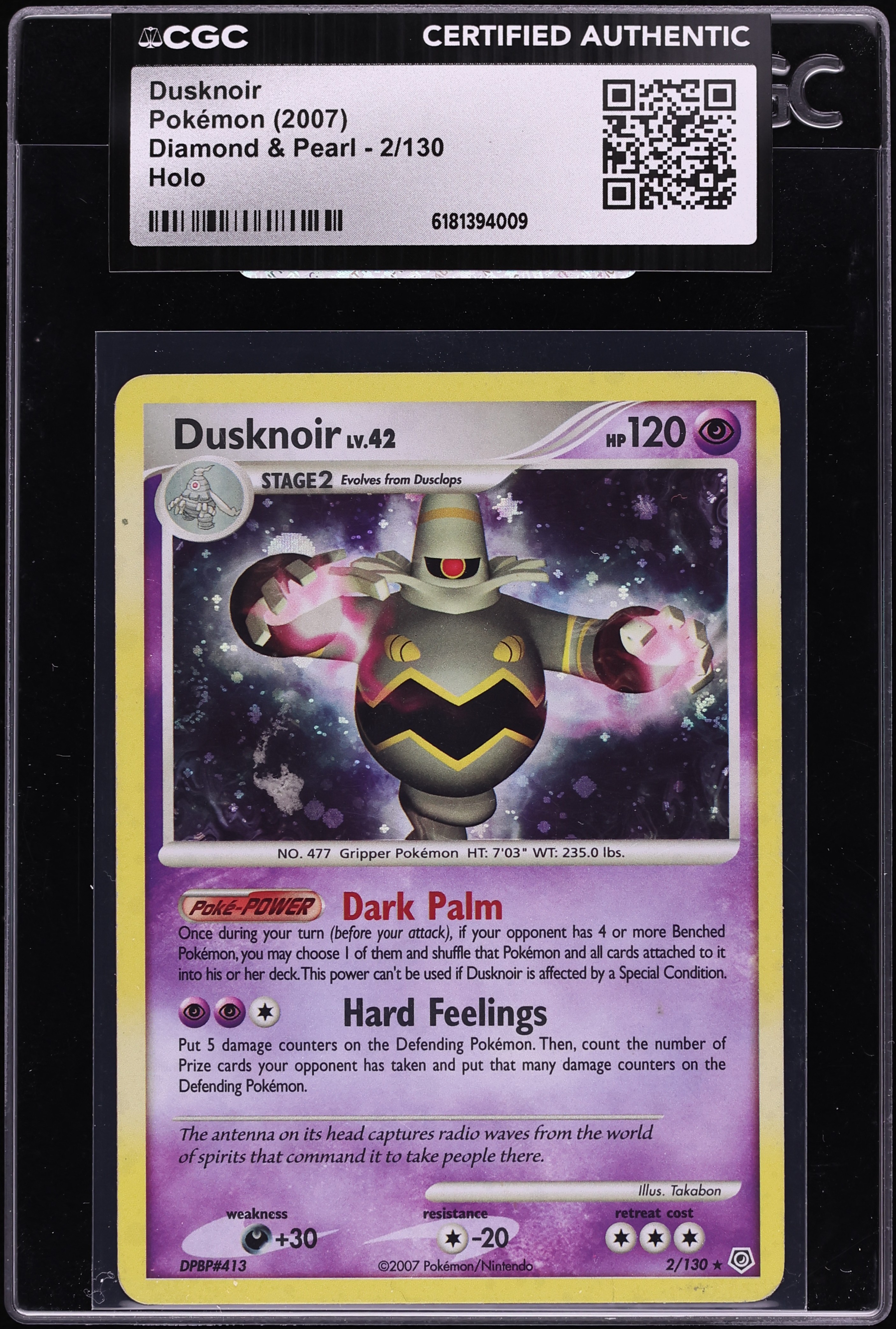 2007 Pokemon Diamond & Pearl Holo Dusknoir #2 CGC AUTH