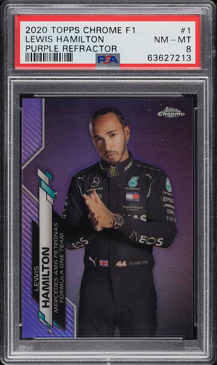 2020 Topps Chrome Formula 1 F1 Purple Refractor Lewis Hamilton /399 #1 PSA 8
