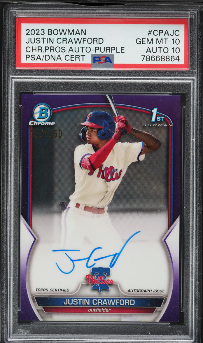 2023 Bowman Chrome Purple Refractor Justin Crawford PROSPECT AUTO DNA 10 /250 #CPA-JC PSA 10
