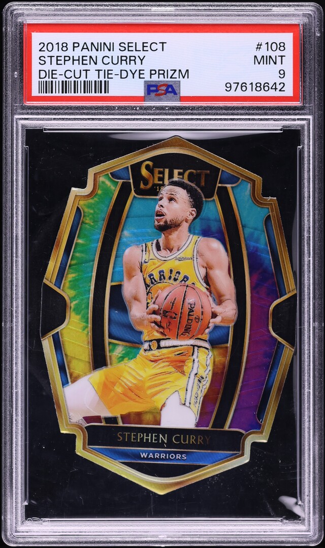 2018 Select Premier Level Tie-Dye Prizm Die-Cut Stephen Curry /25 #108 PSA 9
