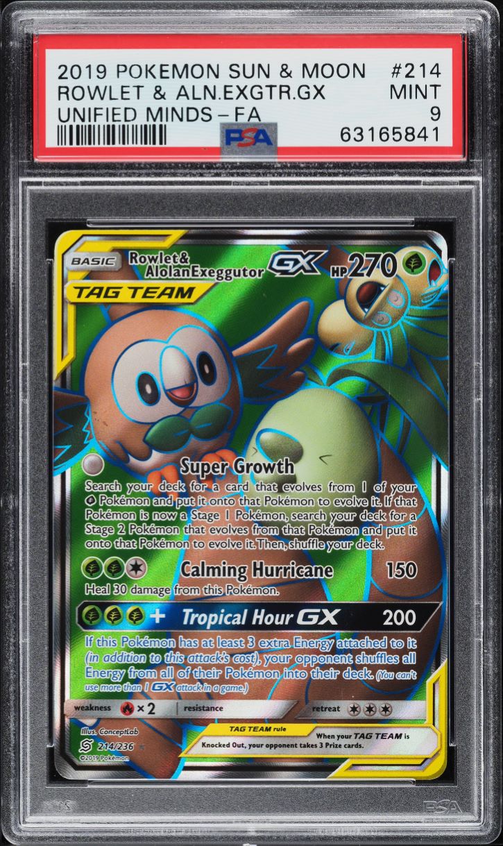 2019 Pokemon SM Unified Minds Full Art Rowlet & Alolan Exeggutor GX #214 PSA 9