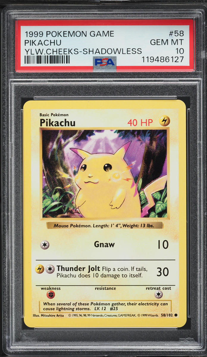 1999 Pokemon Base Set Shadowless Yellow Cheeks Pikachu #58 PSA 10 GEM MINT