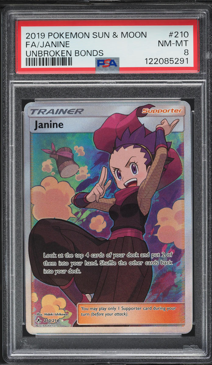 2019 Pokemon Sun & Moon Unbroken Bonds Full Art Janine #210 PSA 8 NM-MT
