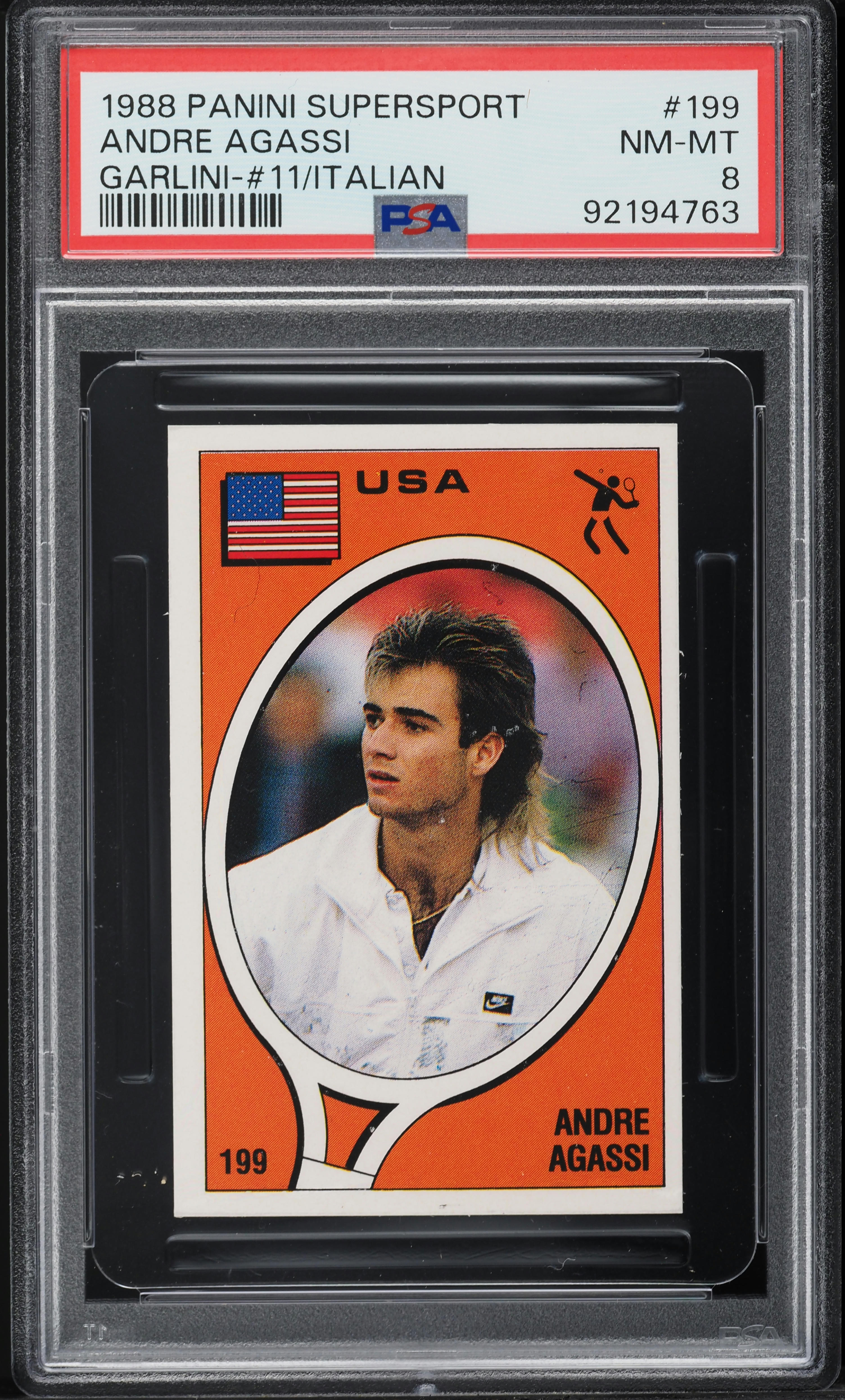 1988 Panini Supersport Italian Andre Agassi & Oliverio Garlini #199 PSA 8 NM-MT