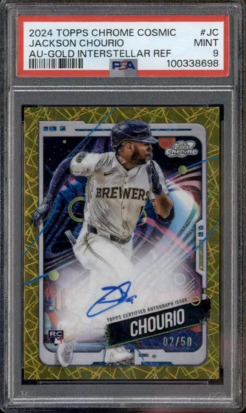 2024 Topps Chrome Cosmic Auto Gold Interstellar #JC Jackson Chourio RC /50 PSA 9