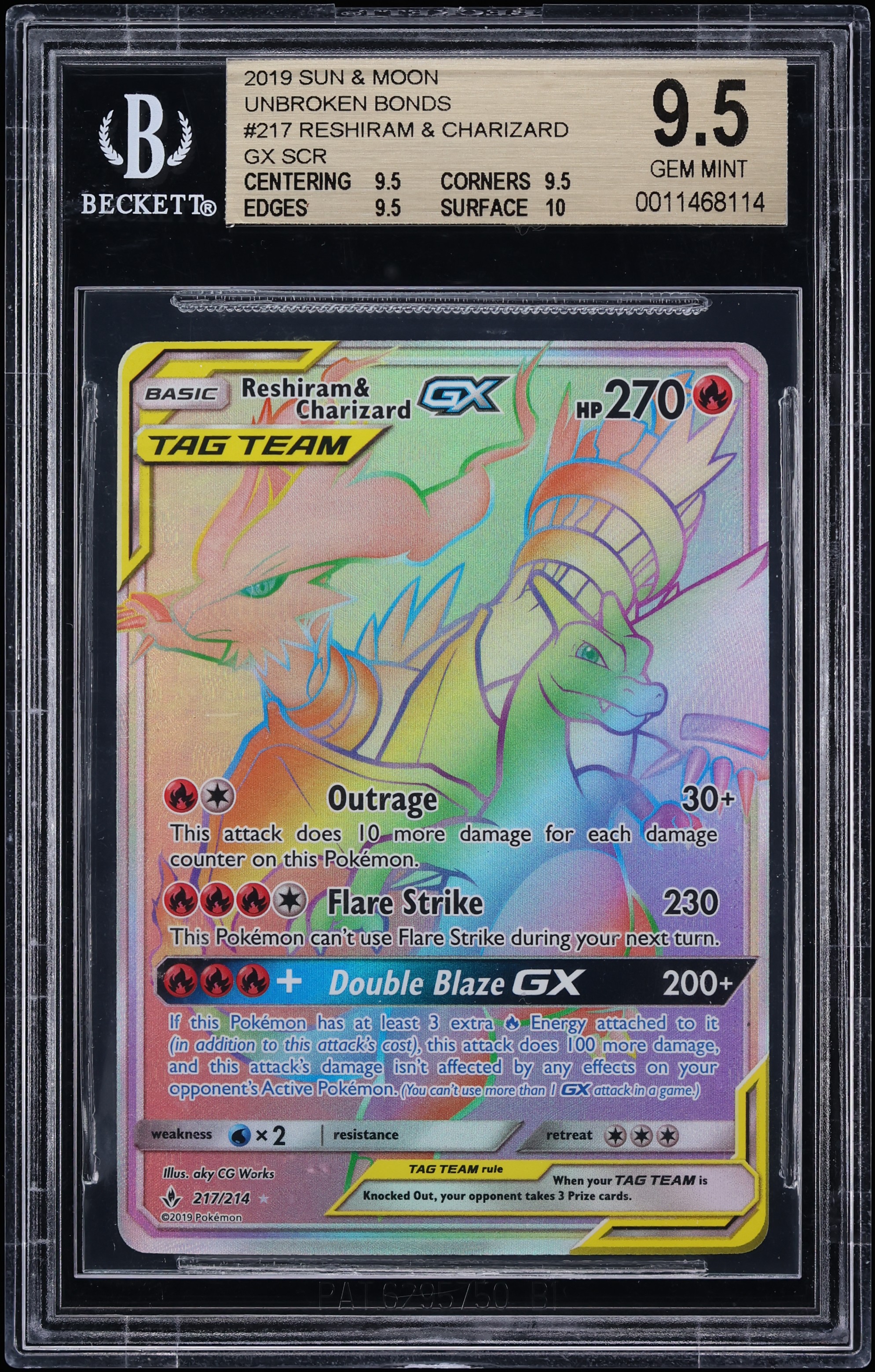 2019 Pokemon Sun & Moon Unbroken Bonds Rainbow Rare Reshiram & Charizard GX #217 BGS 9.5 GEM