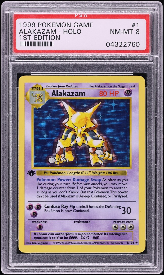 1999 Pokemon Base Set Shadowless 1st Edition Holo Alakazam #1 PSA 8 NM-MT