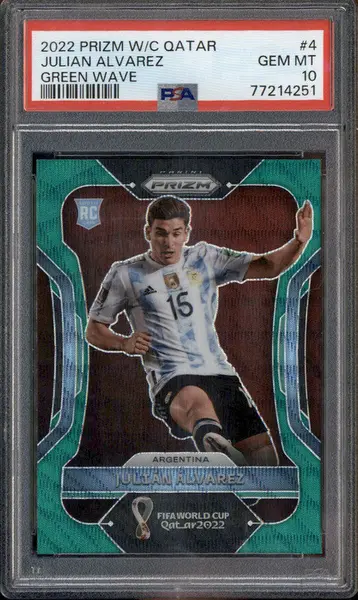 2022 Panini Prizm World Cup Qatar Green Wave #4 Julian Alvarez RC PSA 10