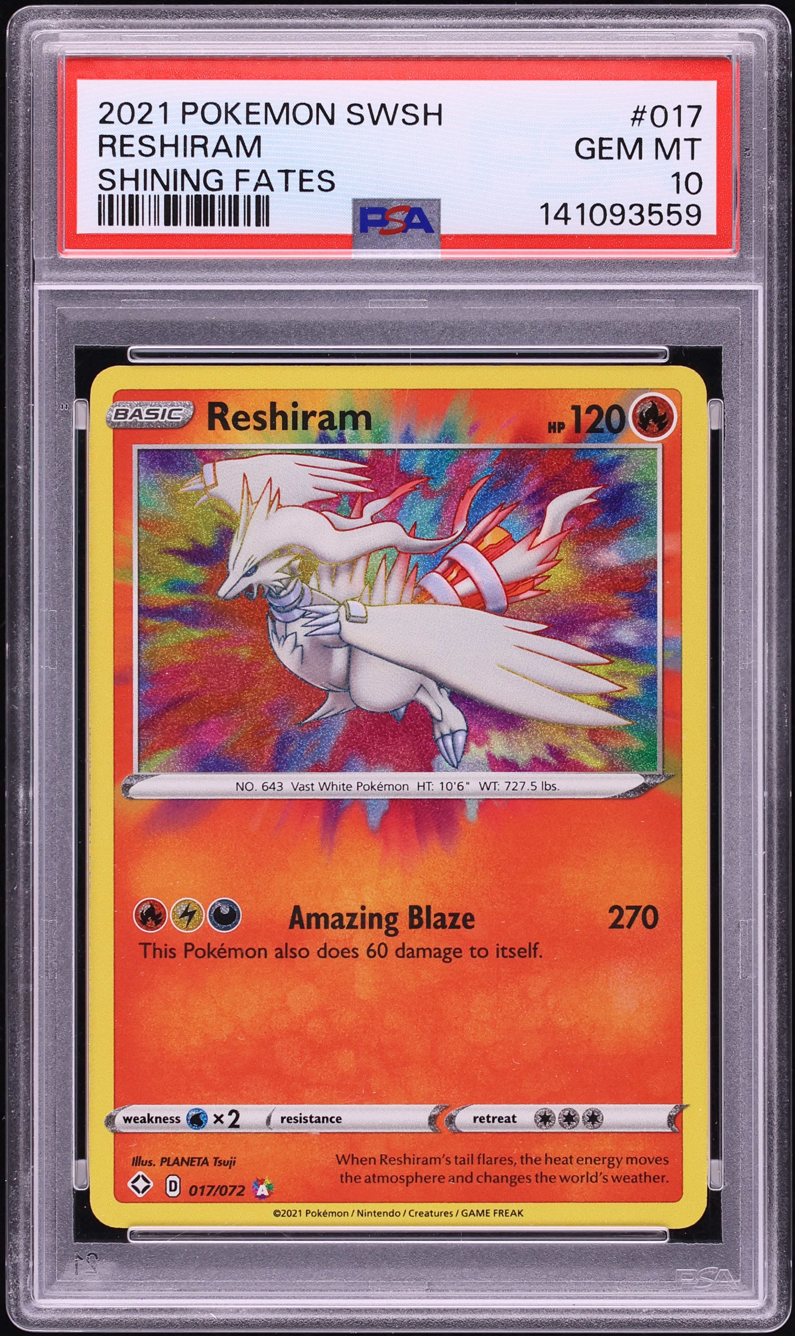 2021 Pokemon Sword & Shield Shining Fates Amazing Rare Reshiram #17 PSA 10 GEM MINT