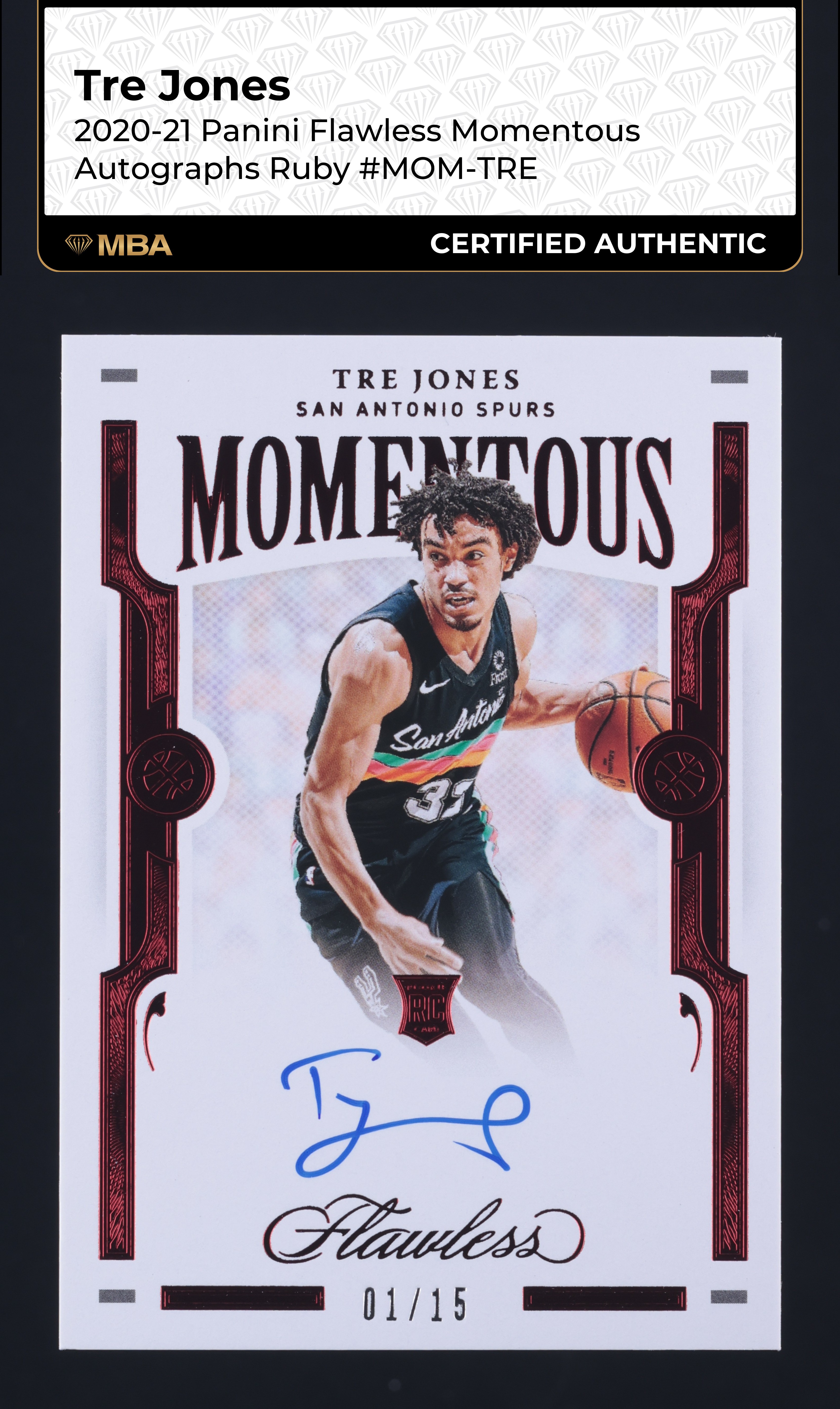 2020 Panini Flawless Momentous Ruby Tre Jones ROOKIE AUTO 1/15 #MOM-TRE MBA AUTH