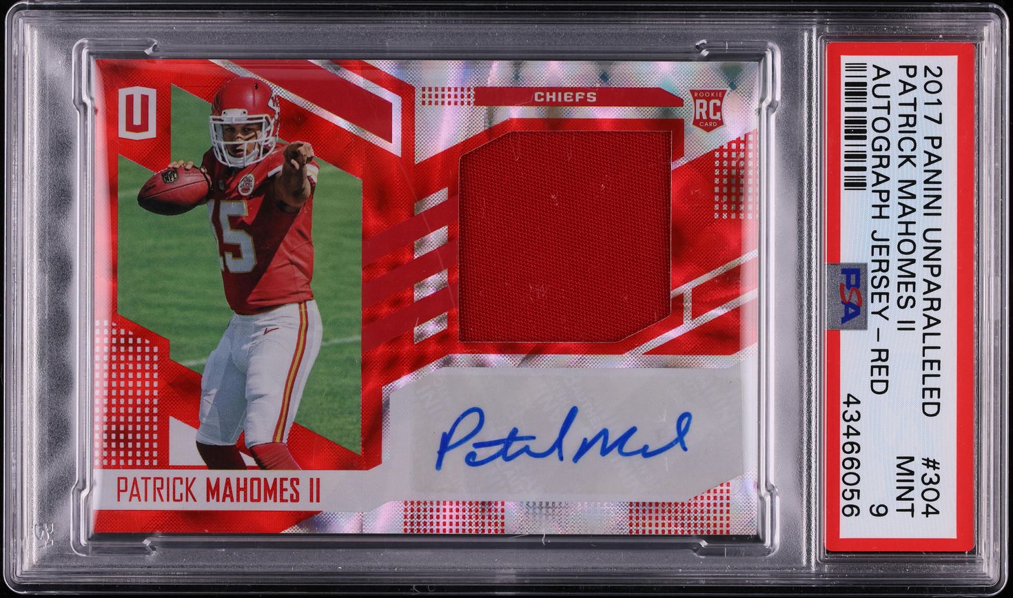 2017 Panini Unparalleled Red Patrick Mahomes II ROOKIE PATCH AUTO /5 #304 PSA 9