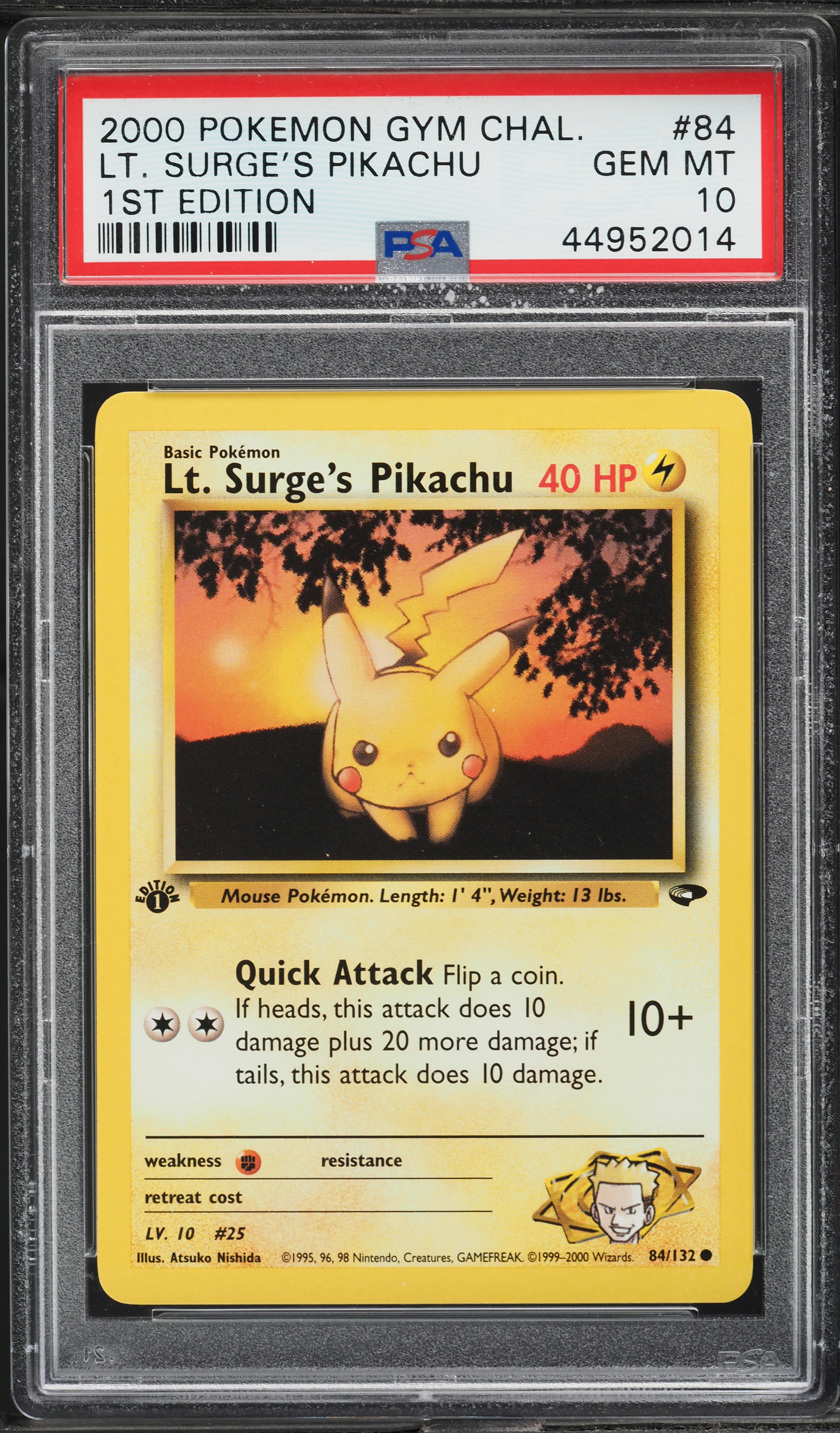 2000 Pokemon Gym Challenge 1st Edition Lt. Surge's Pikachu #84 PSA 10 GEM MINT