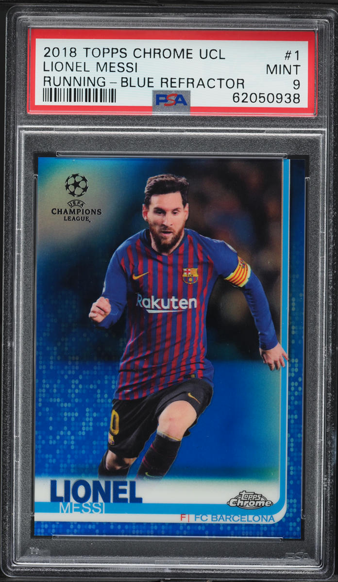 2018 Topps Chrome UEFA Running Blue Refractor Lionel Messi /150 #1 PSA 9 MINT