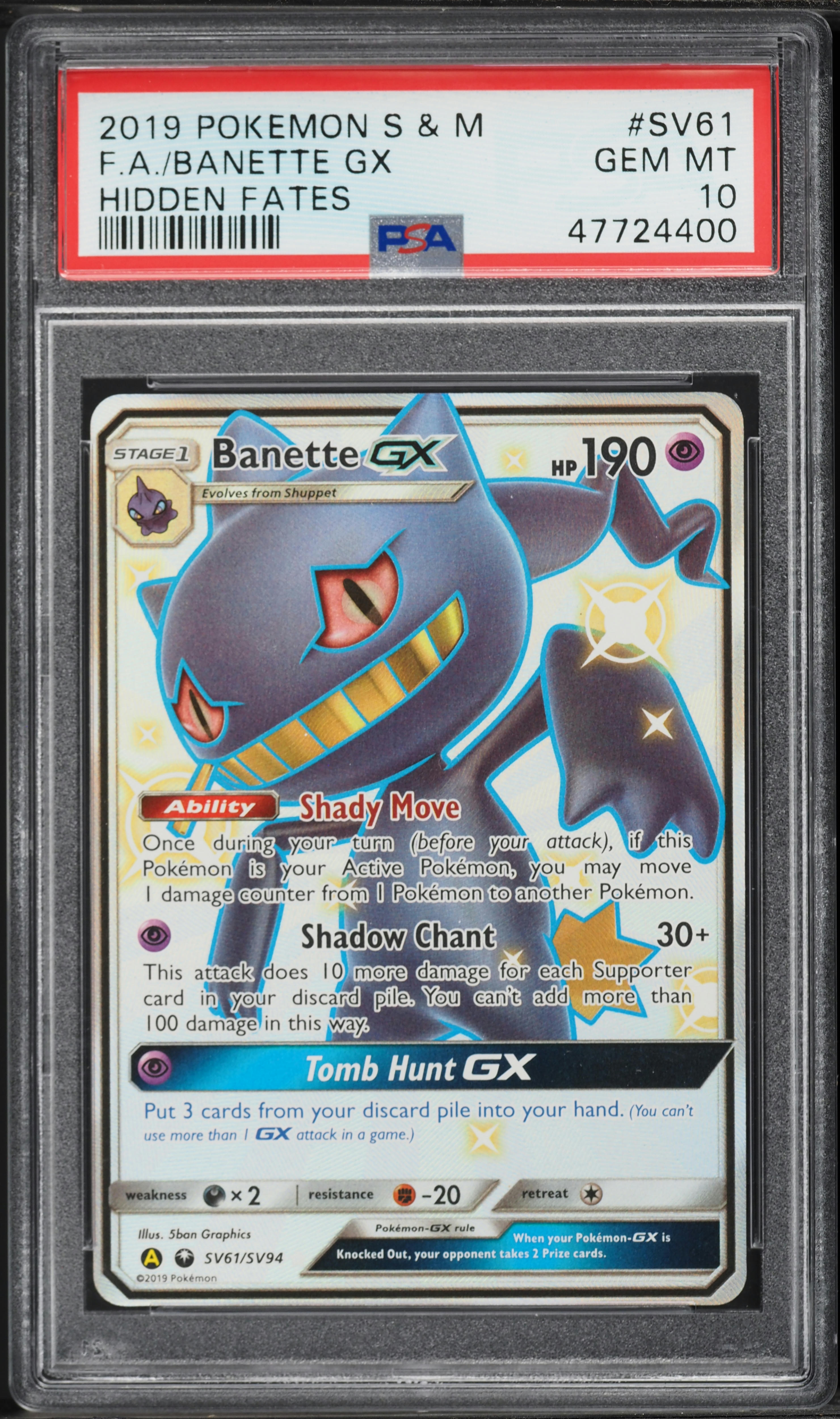 2019 Pokemon Sun & Moon Hidden Fates Full Art Banette GX #SV61 PSA 10 GEM MINT