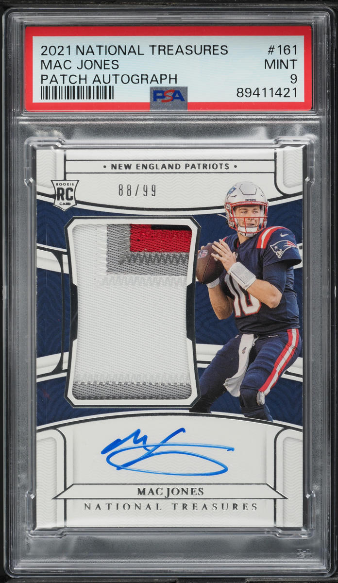 2021 National Treasures Mac Jones ROOKIE PATCH AUTO /99 #161 PSA 9 MINT