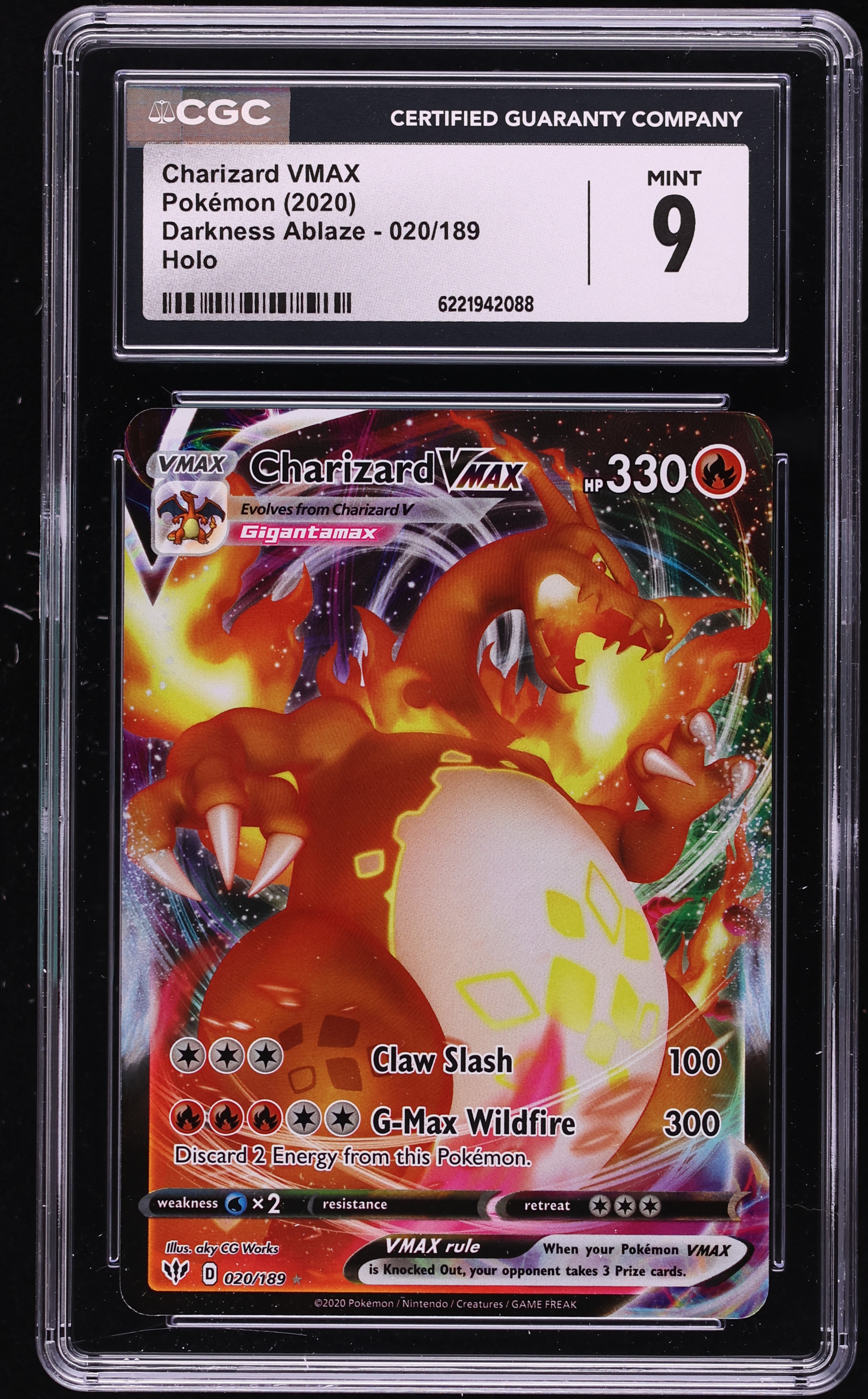 2020 Pokemon Sword & Shield Darkness Ablaze Full Art Charizard VMAX #20 CGC 9 MINT