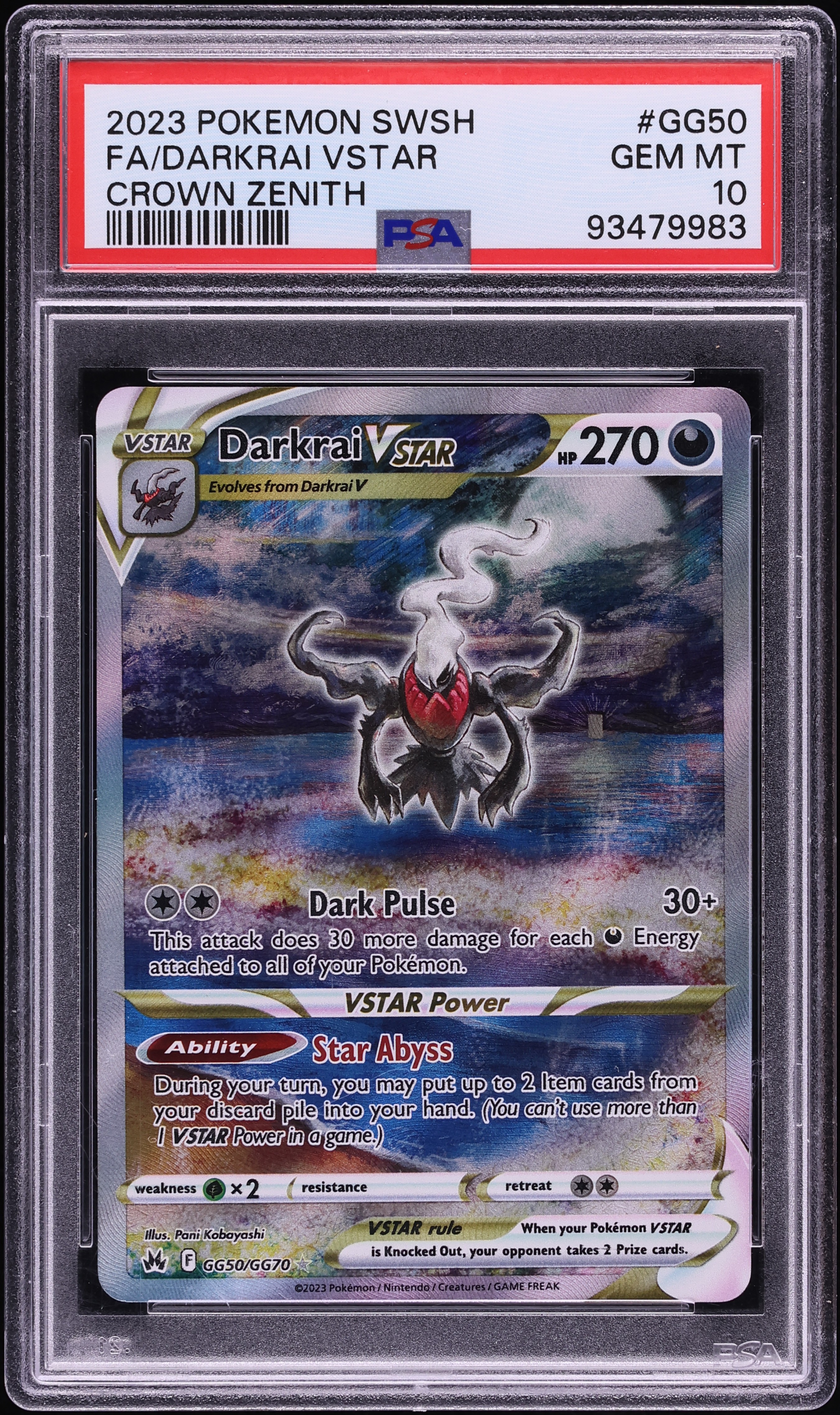 2023 Pokemon Sword & Shield Crown Zenith Full Art Darkrai VSTAR #GG50 PSA 10 GEM MINT