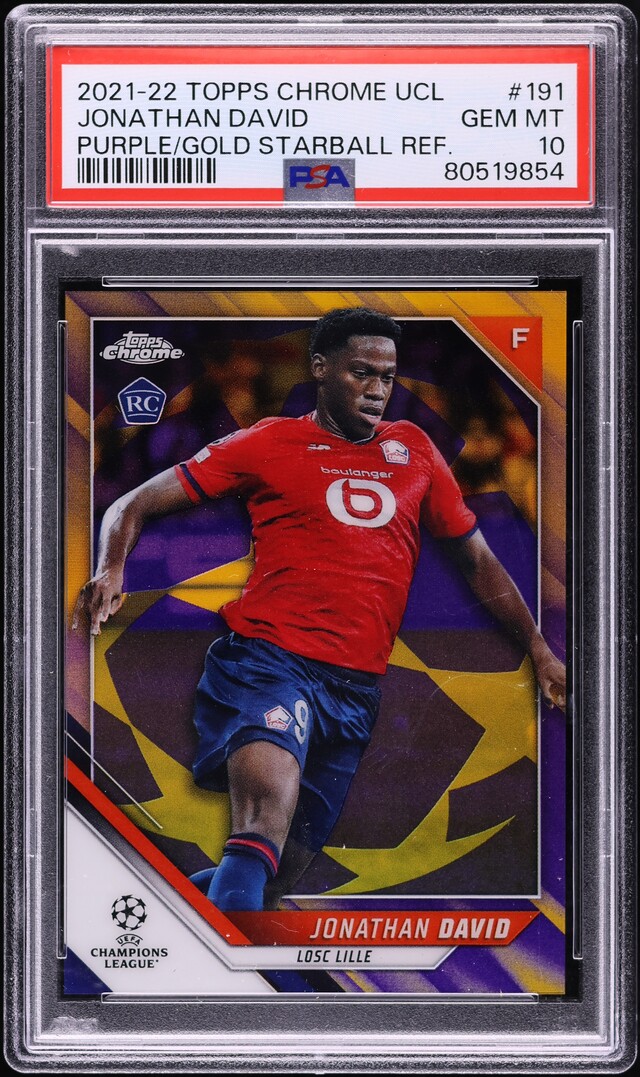 2021 Topps Chrome UCL Purple Gold Starball Ref. Jonathan David RC #191 PSA 10