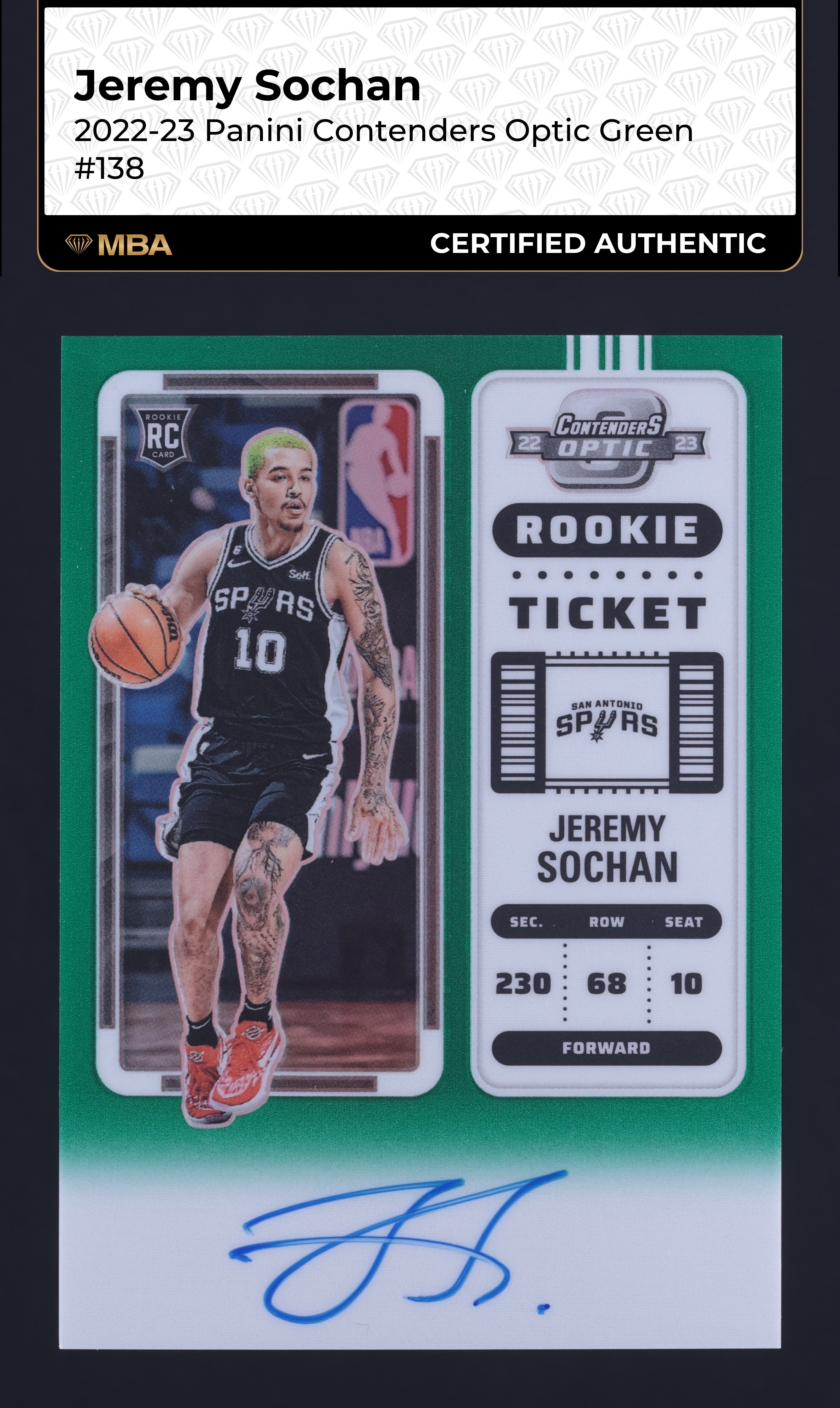 2022 Panini Contenders Optic Green Jeremy Sochan ROOKIE AUTO /75 #138 MBA AUTH