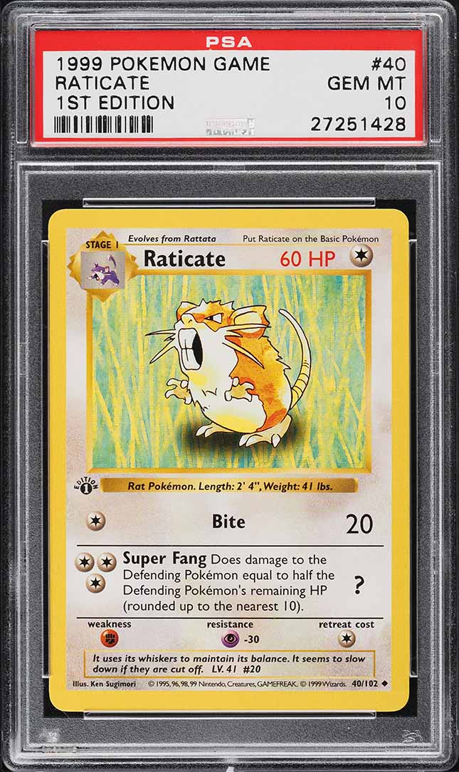 1999 Pokemon Base Set Shadowless 1st Edition Raticate #40 PSA 10 GEM MINT