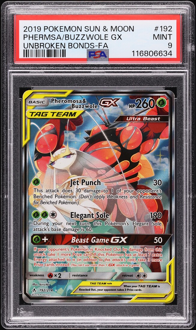 2019 Pokemon SM Unbroken Bonds Full Art Pheromosa Buzzwole GX #192 PSA 9 MINT