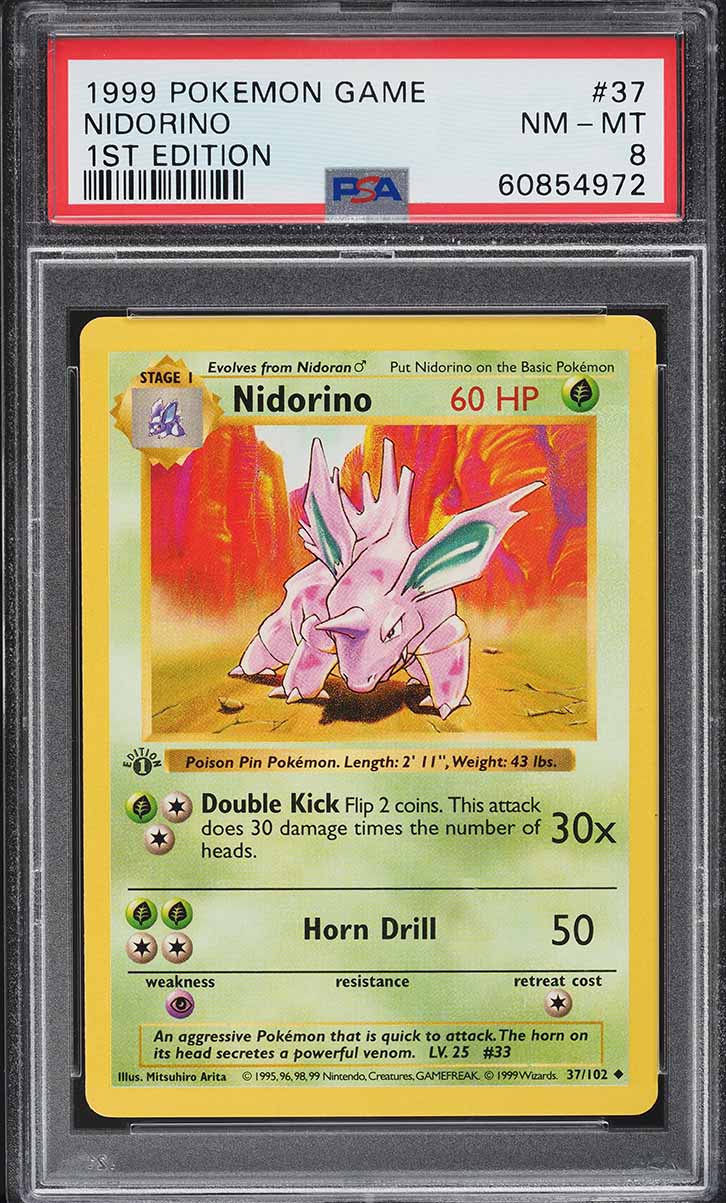 1999 Pokemon Base Set Shadowless 1st Edition Nidorino #37 PSA 8 NM-MT