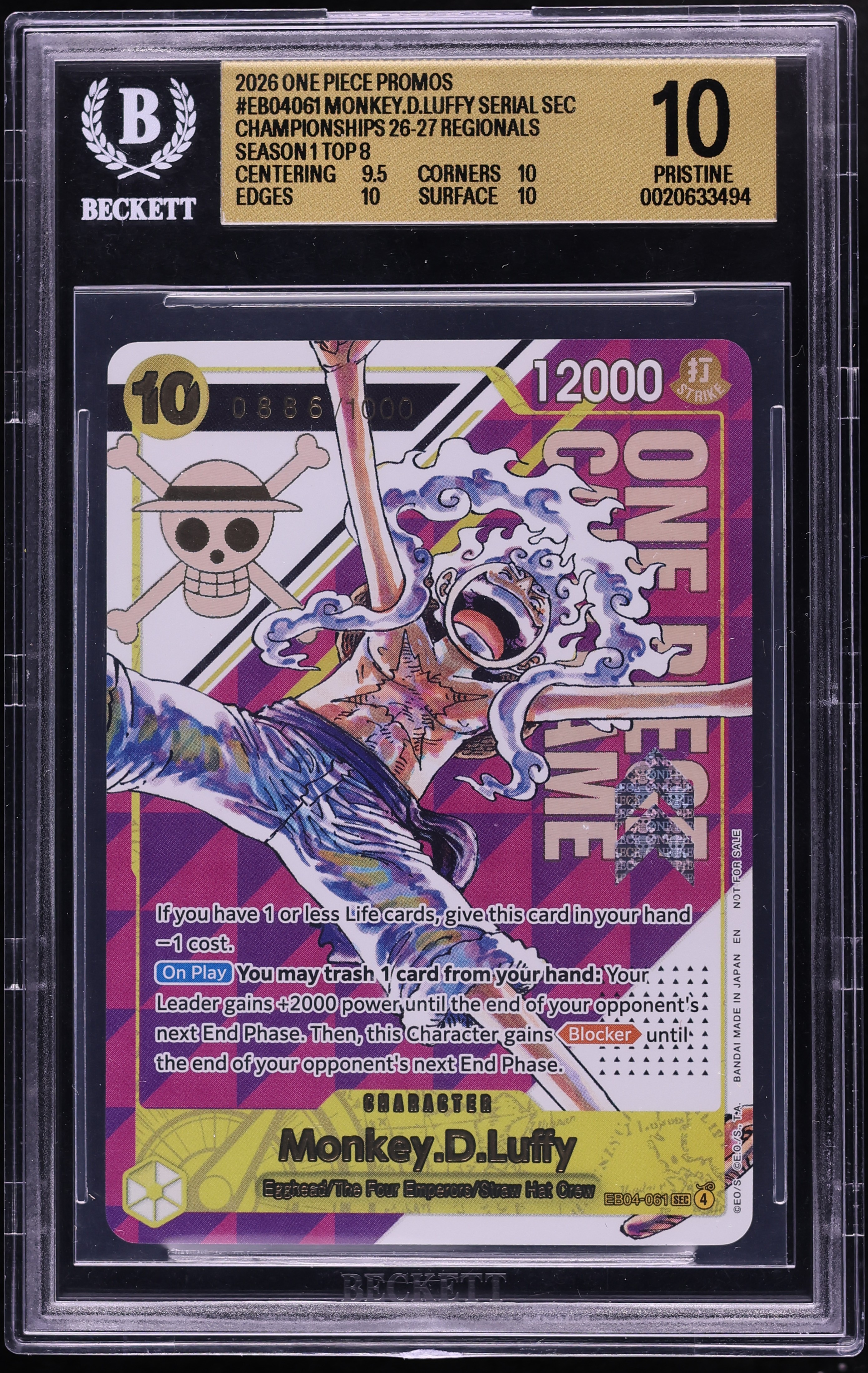 2026 One Piece Promo Championships Regionals Monkey D. Luffy #EB04-061 BGS 10 PRISTINE