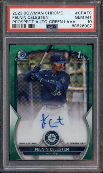 2023 Bowman Chrome Prospect Auto Green Lava #CPAFC Felnin Celesten RC /99 PSA 10