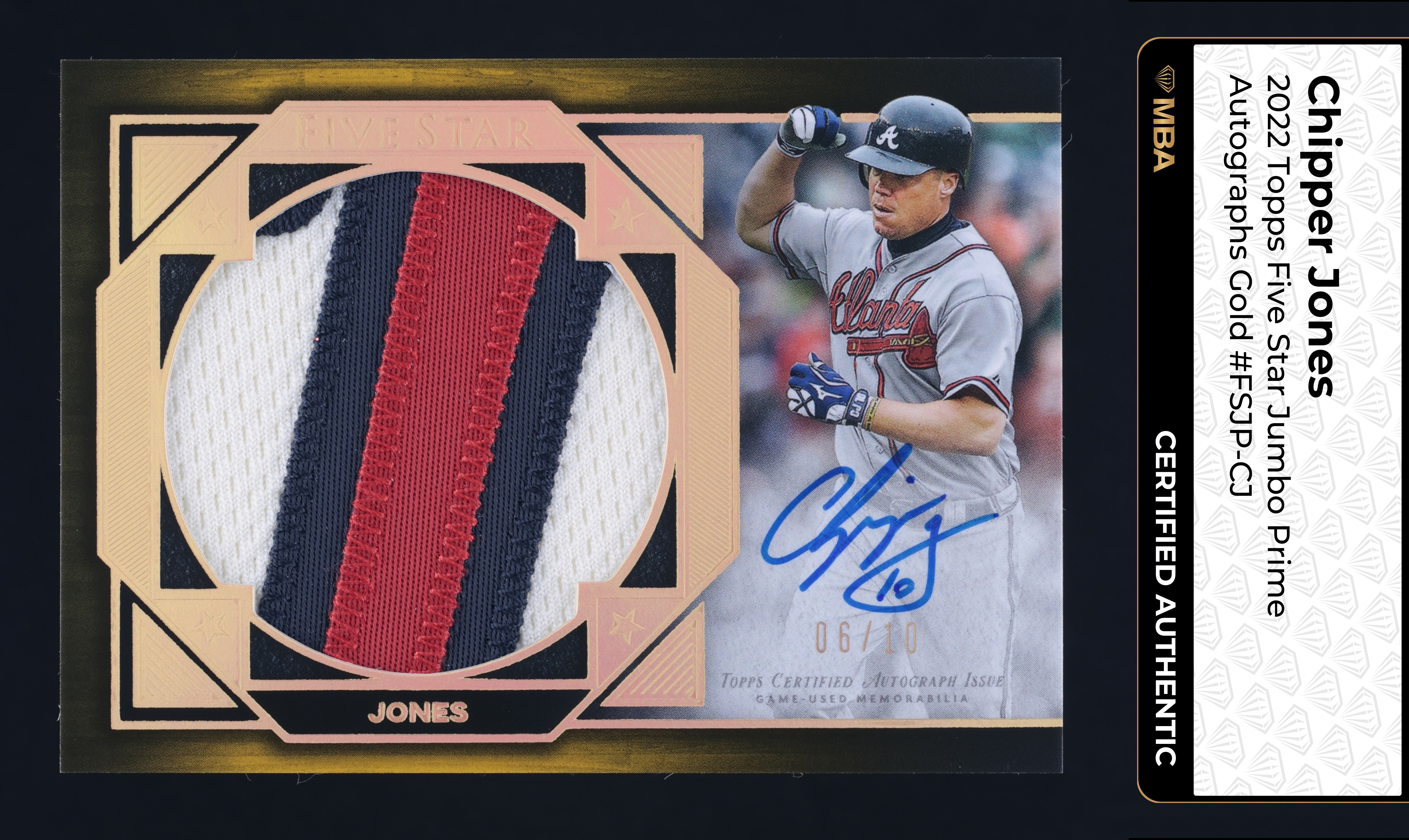 2022 Topps Five Star Prime Gold Chipper Jones PATCH AUTO /10 #FSJP-CJ MBA AUTH