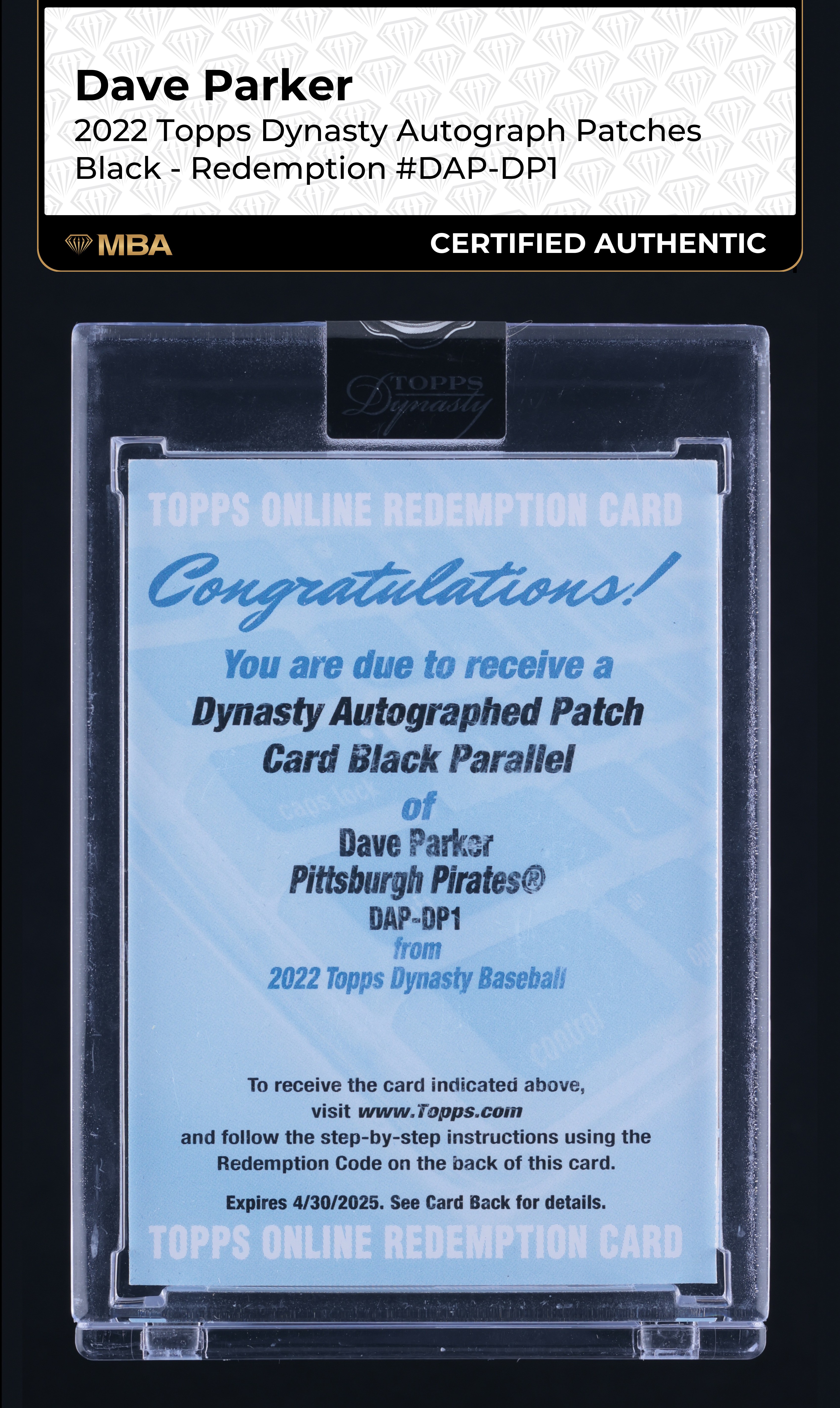 2022 Topps Dynasty Black Redemption Dave Parker #DAP-DP1 MBA AUTH