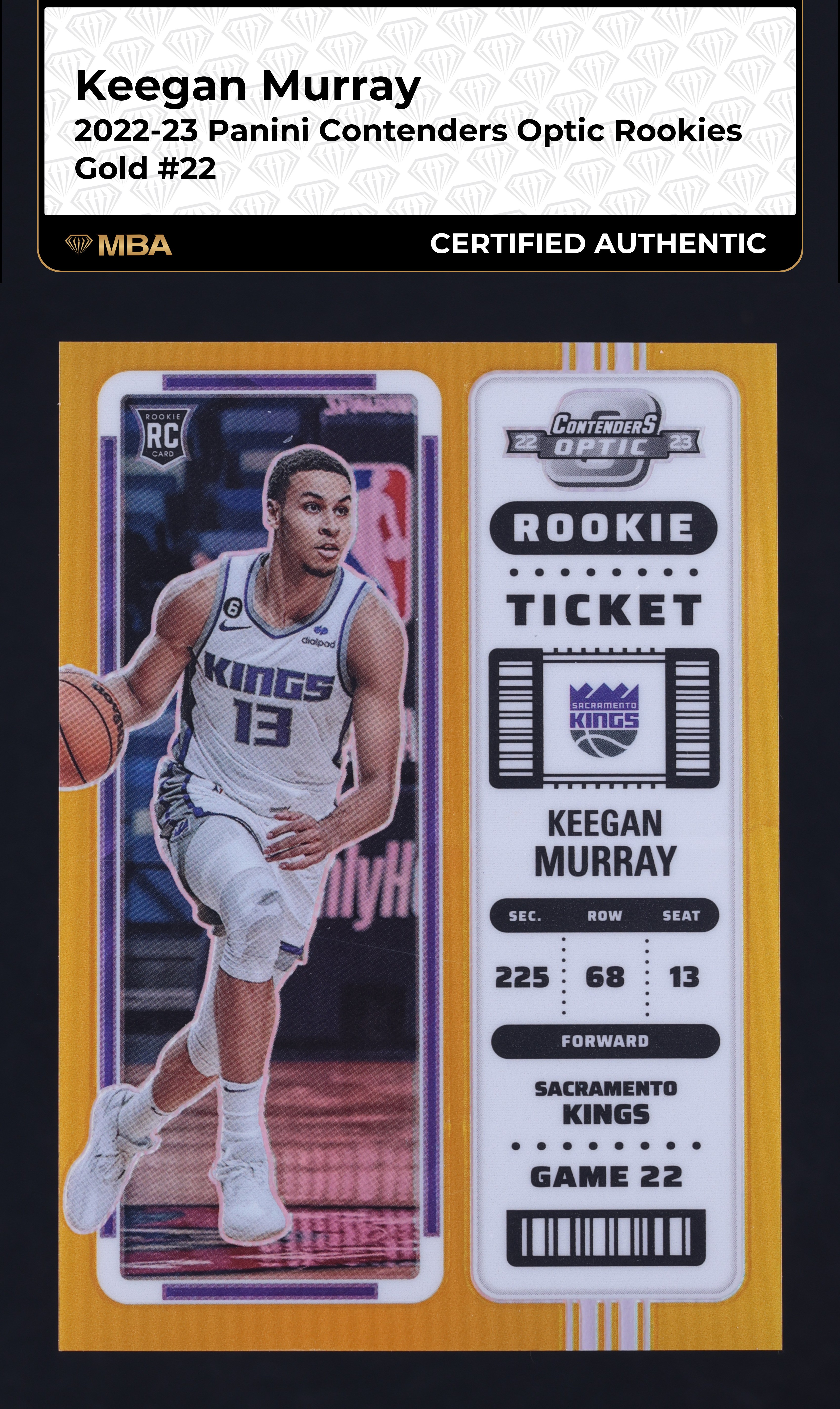 2022 Panini Contenders Optic Gold Keegan Murray ROOKIE /10 #22 MBA AUTH