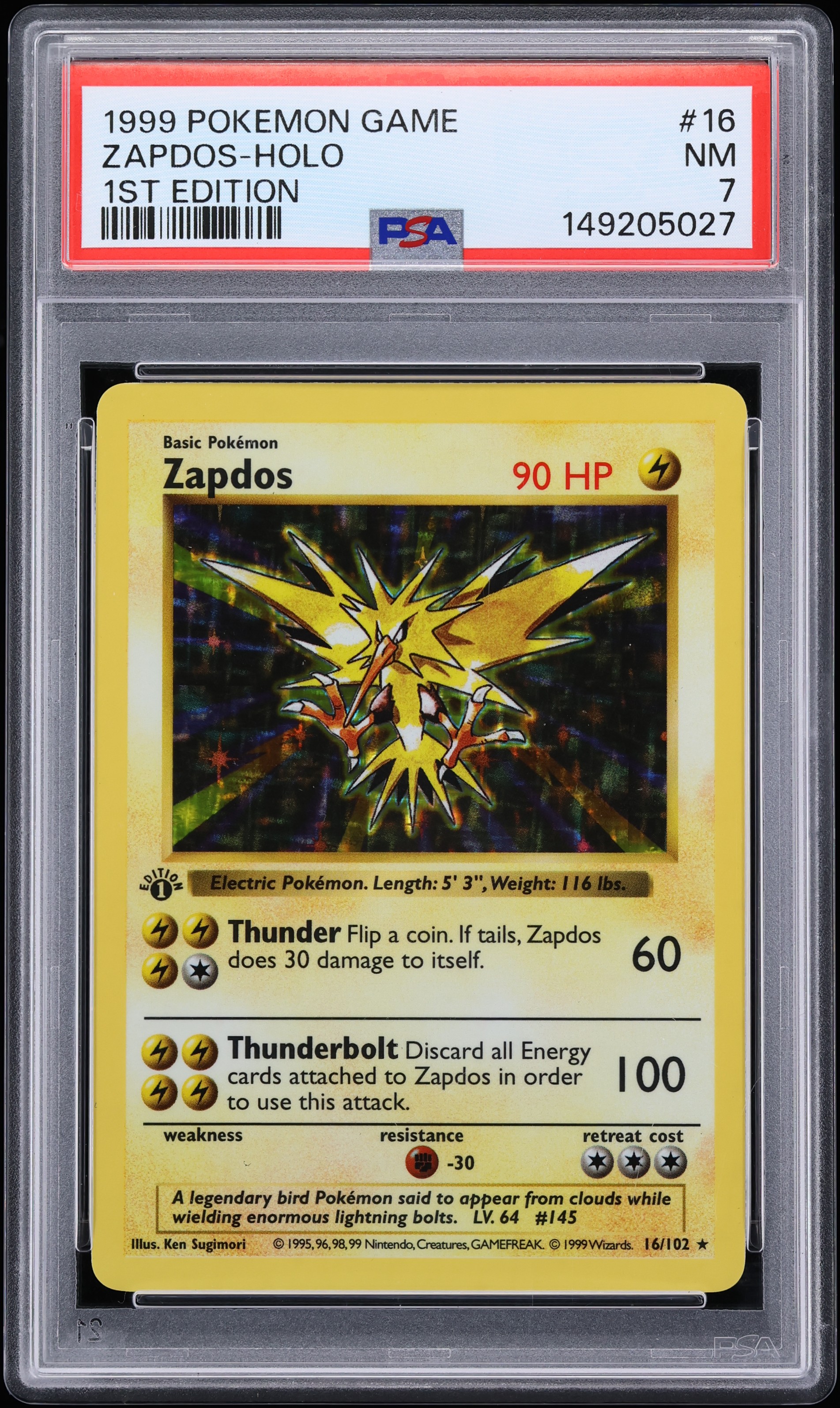 1999 Pokemon Base Set Shadowless 1st Edition Holo Zapdos #16 PSA 7 NRMT