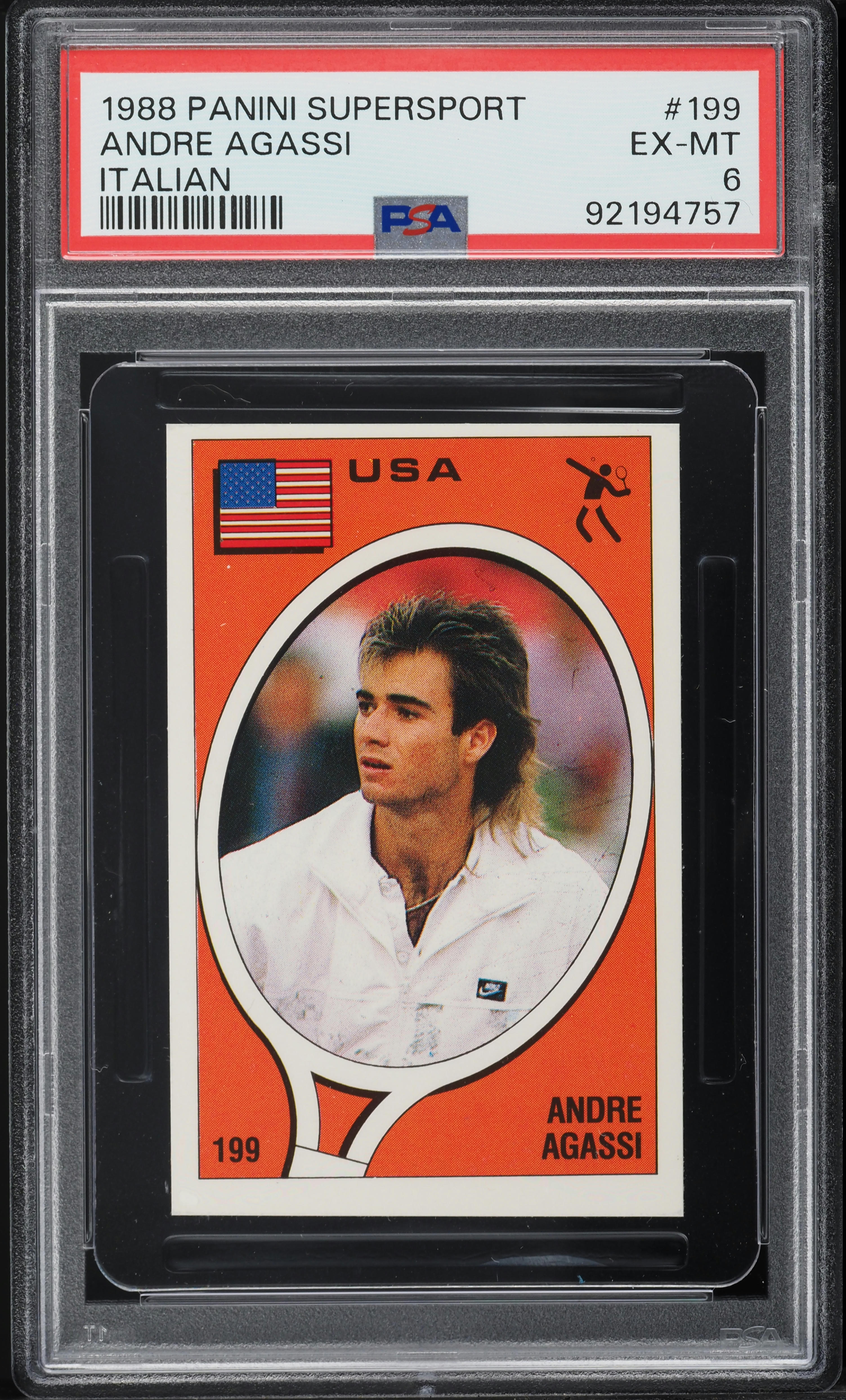 1988 Panini Supersport Italian Andre Agassi ROOKIE #199 PSA 6 EXMT