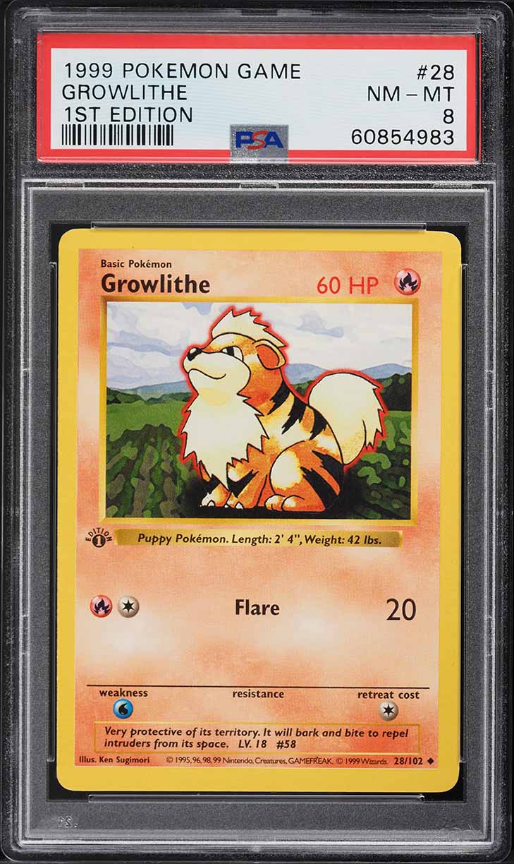 1999 Pokemon Base Set Shadowless 1st Edition Growlithe #28 PSA 8 NM-MT