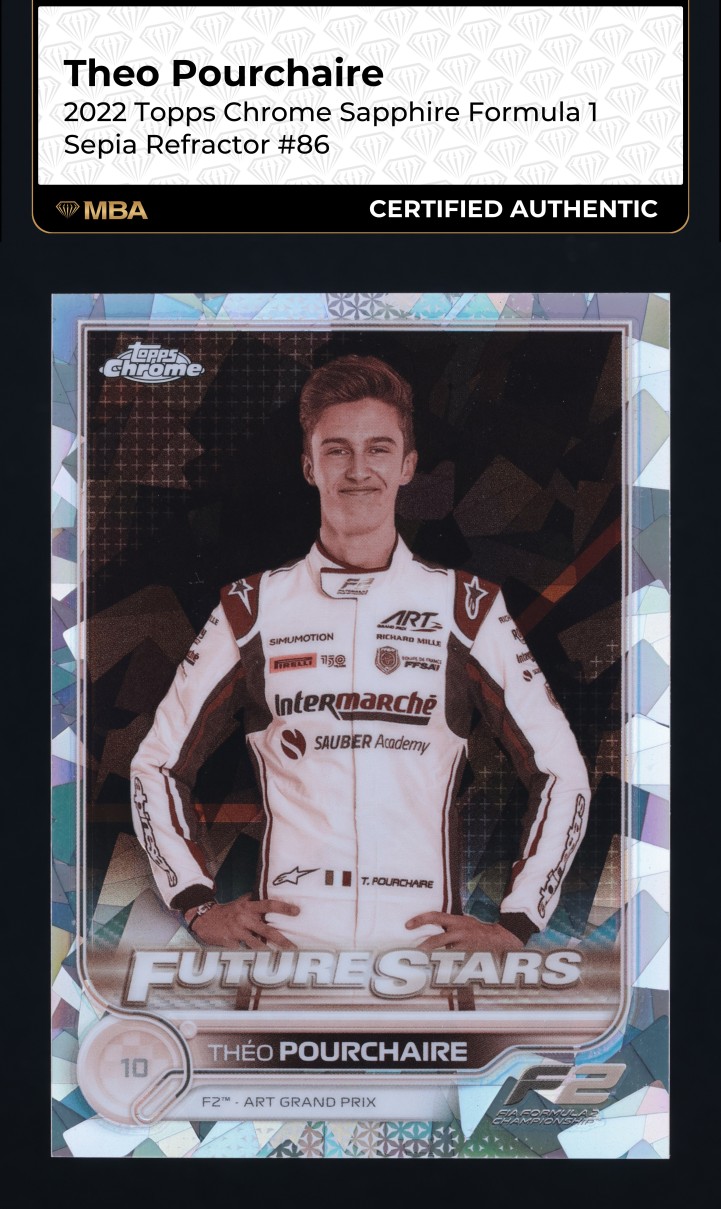 2022 Topps Chrome Sapphire F1 Sepia Refractor Theo Pourchaire /100 #86 MBA AUTH
