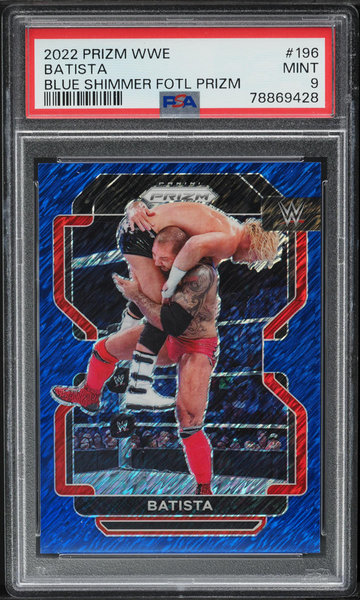 2022 Panini Prizm WWE Blue Shimmer FOTL Batista /10 #196 PSA 9 MINT
