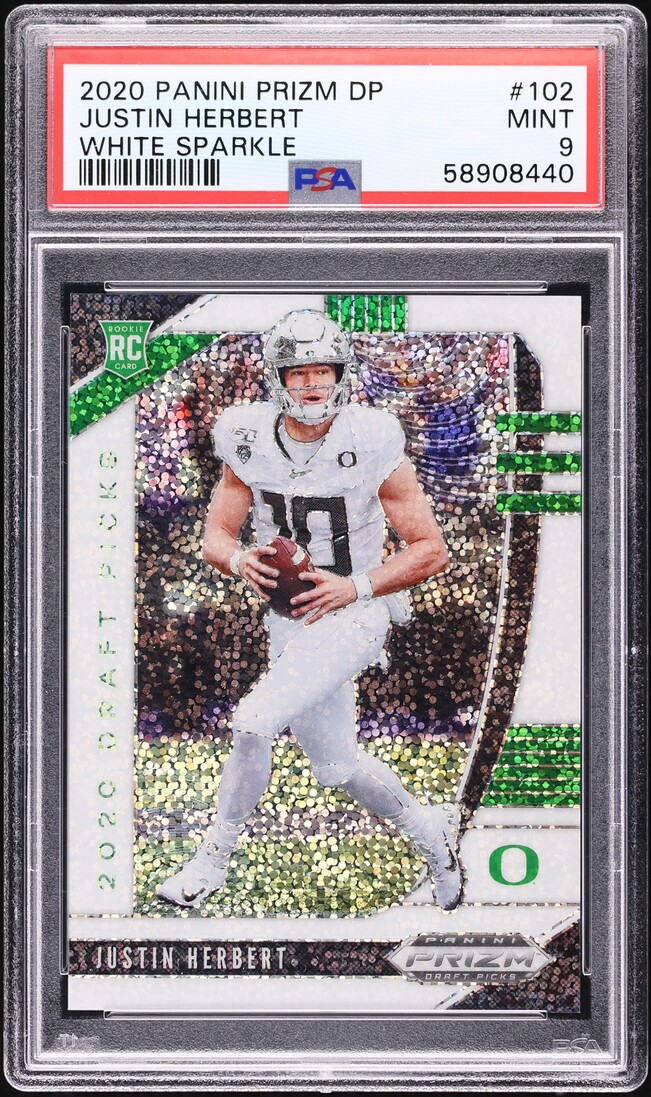 2020 Panini Prizm Draft Picks White Sparkle Justin Herbert ROOKIE #102 PSA 9