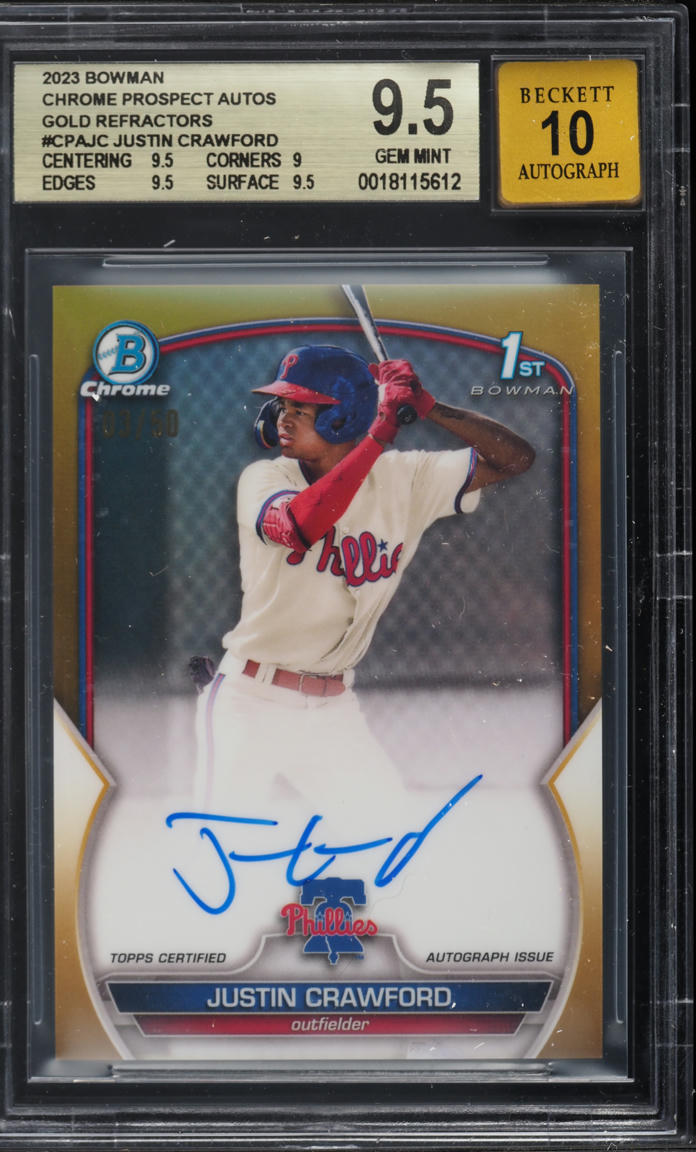 2023 Bowman Chrome Gold Refractors Justin Crawford PROSPECT AUTO /50 #CPAJC BGS 9.5 GEM MINT