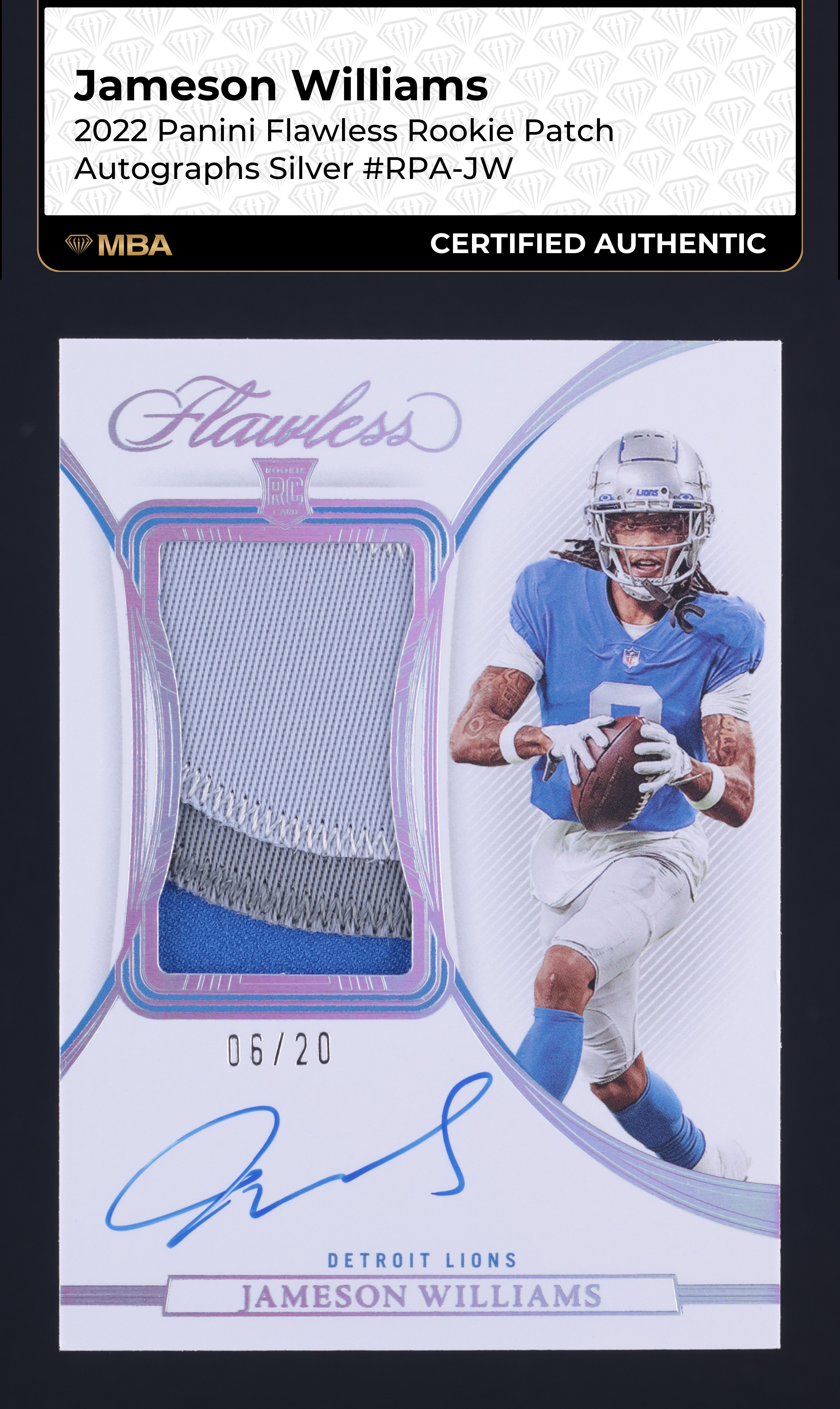 2022 Panini Flawless Silver Jameson Williams ROOKIE PATCH AUTO /20 MBA AUTH