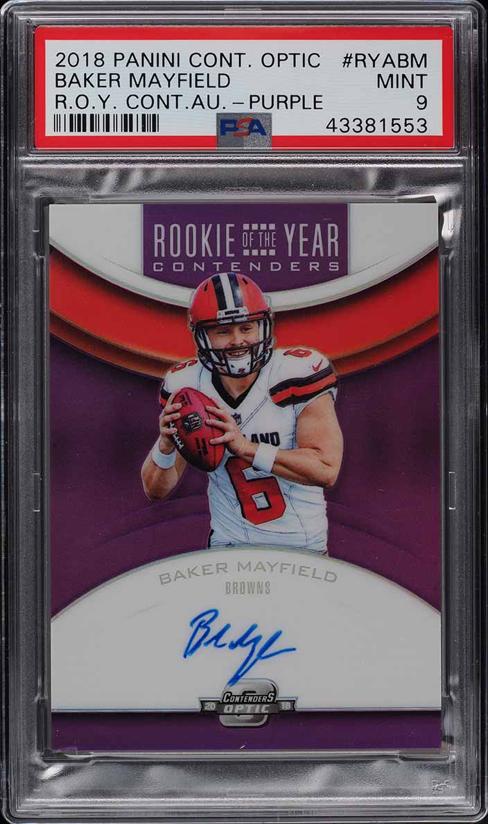 2018 Panini Contenders Optic ROY Purple Baker Mayfield ROOKIE AUTO /49 PSA 9