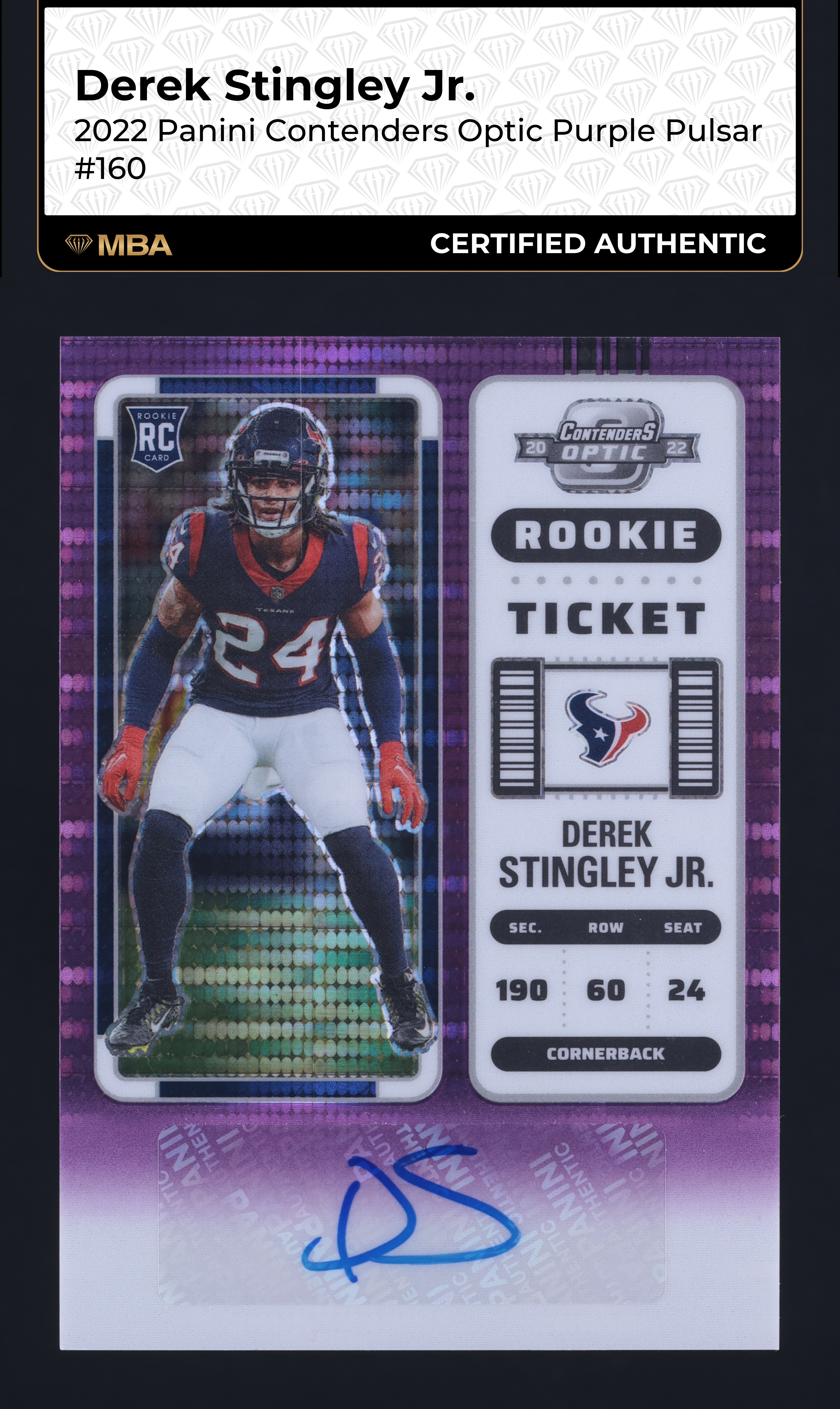 2022 Contenders Optic Purple Pulsar Derek Stingley Jr. RC AUTO /21 #160 MBA AUTH