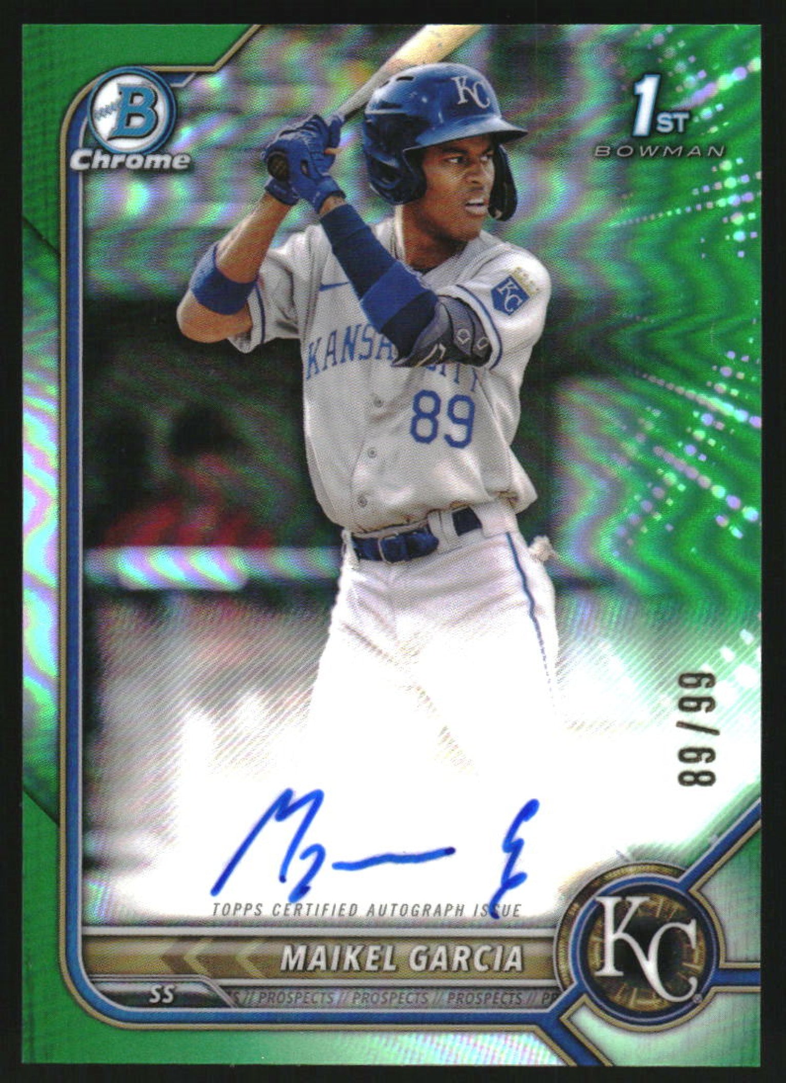 2022 Bowman Chrome Autographs Green Refractor #CPA-MG Maikel Garcia RC Auto /99