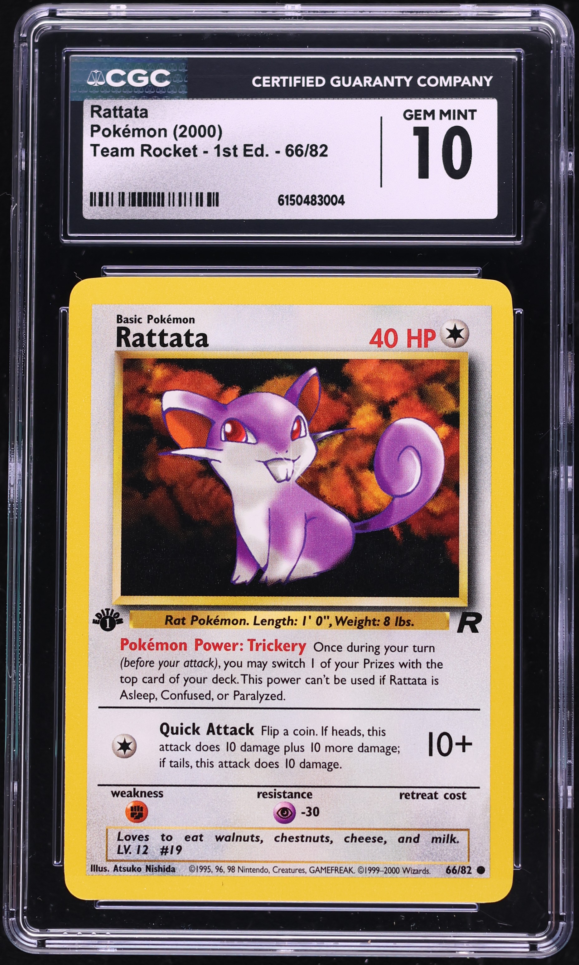 2000 Pokemon Team Rocket 1st Edition Rattata #66 CGC 10 GEM MINT
