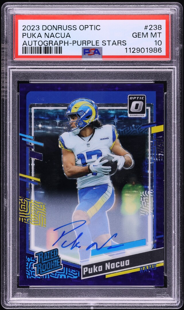 2023 Donruss Optic Purple Stars Puka Nacua ROOKIE AUTO /50 #238 PSA 10 GEM MINT