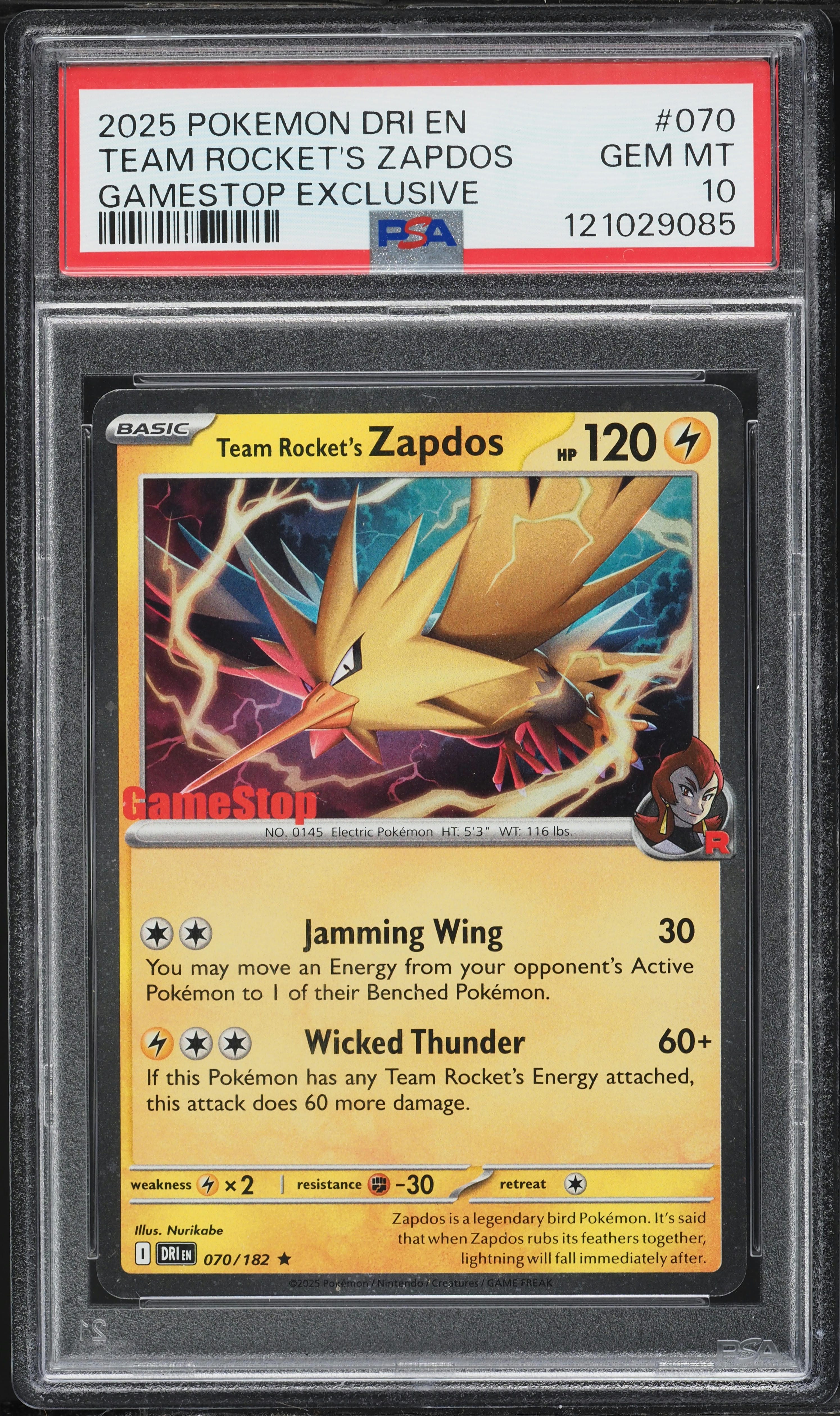 2025 Pokemon SV Destined Rivals Gamestop Exclusive Team Rocket's Zapdos #70 PSA 10 GEM MINT