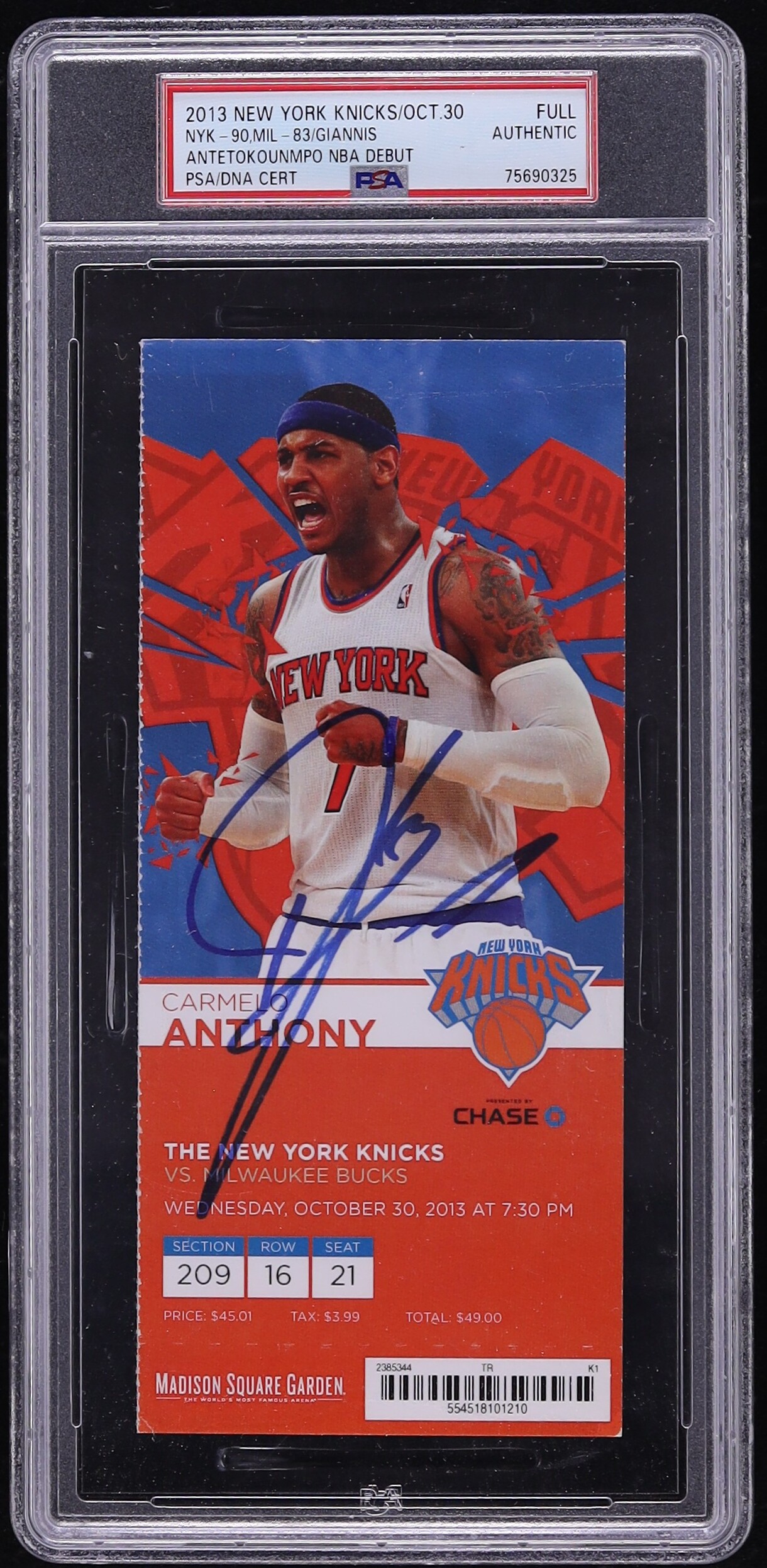 2013 New York Knicks Ticket Full Antetokounmpo NBA Debut Knicks AUTO DNA #FULL PSA AUTH
